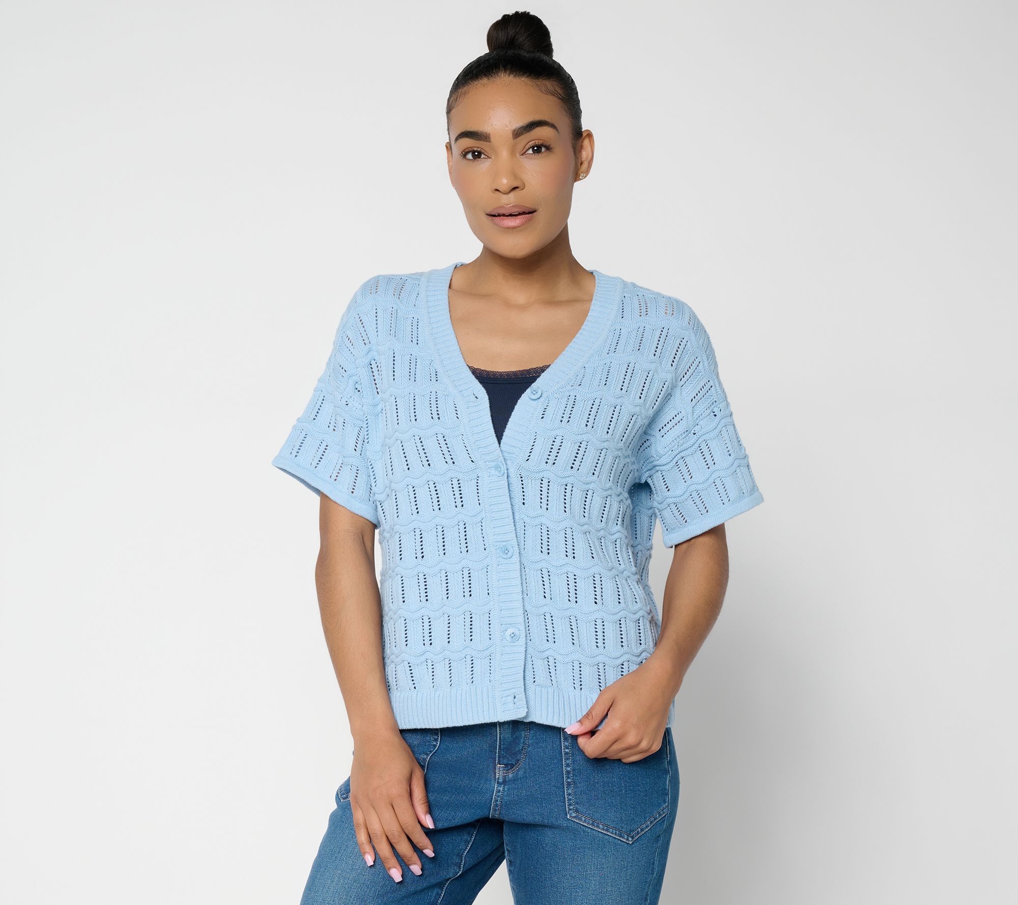 AnyBody Cotton Crochet Short Sleeve Sweater Cardigan