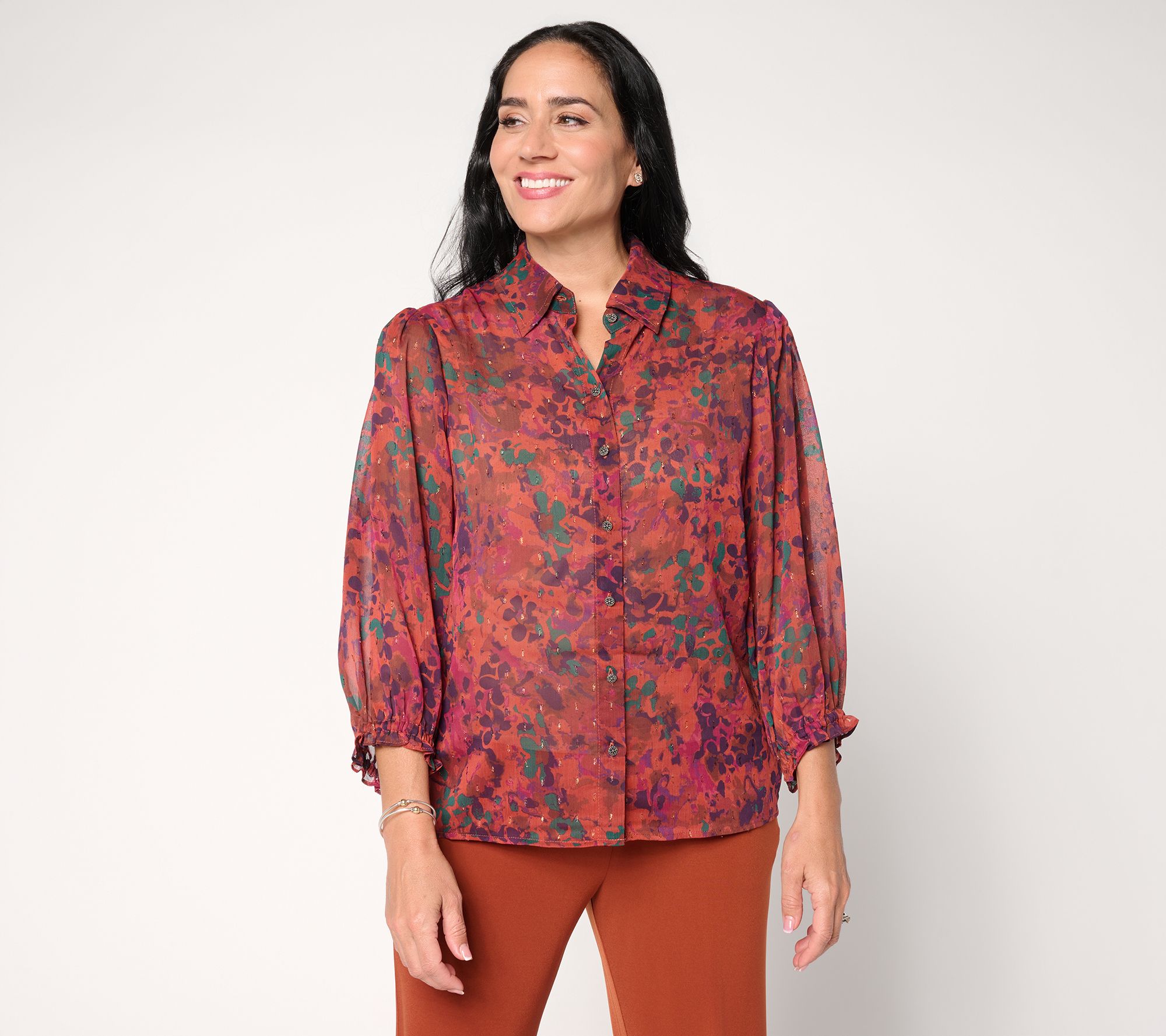 "As Is" Susan Graver Printed Woven Metallic Clipped Jacquard Blouse