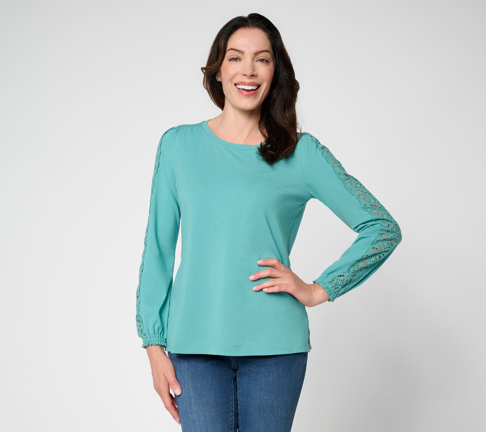 Belle Boho by Kim Gravel TripleLuxe Knit Floral Lace Sleeve Top