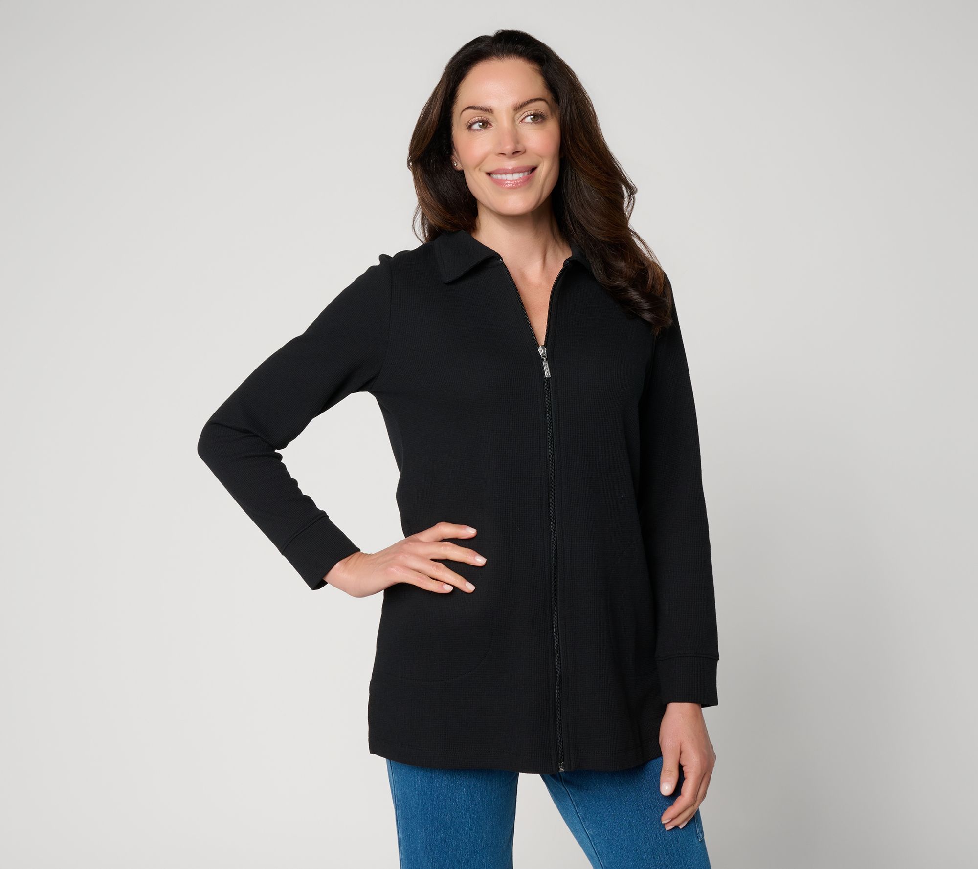 Denim & Co. Active Regular Waffle Knit Zip Front Collared Tunic