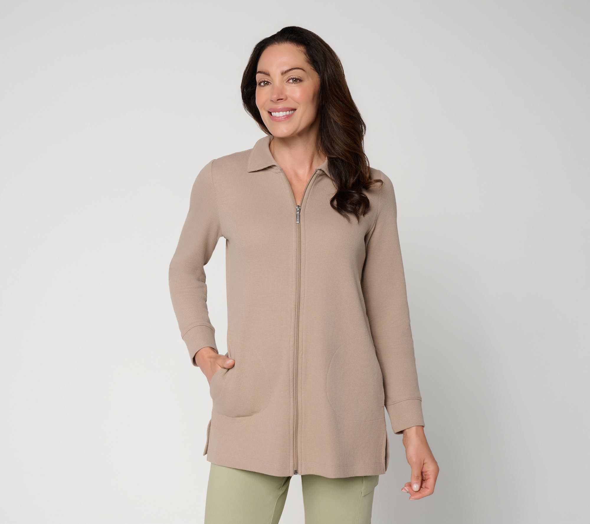Denim & Co. Active Regular Waffle Knit Zip Front Collared Tunic