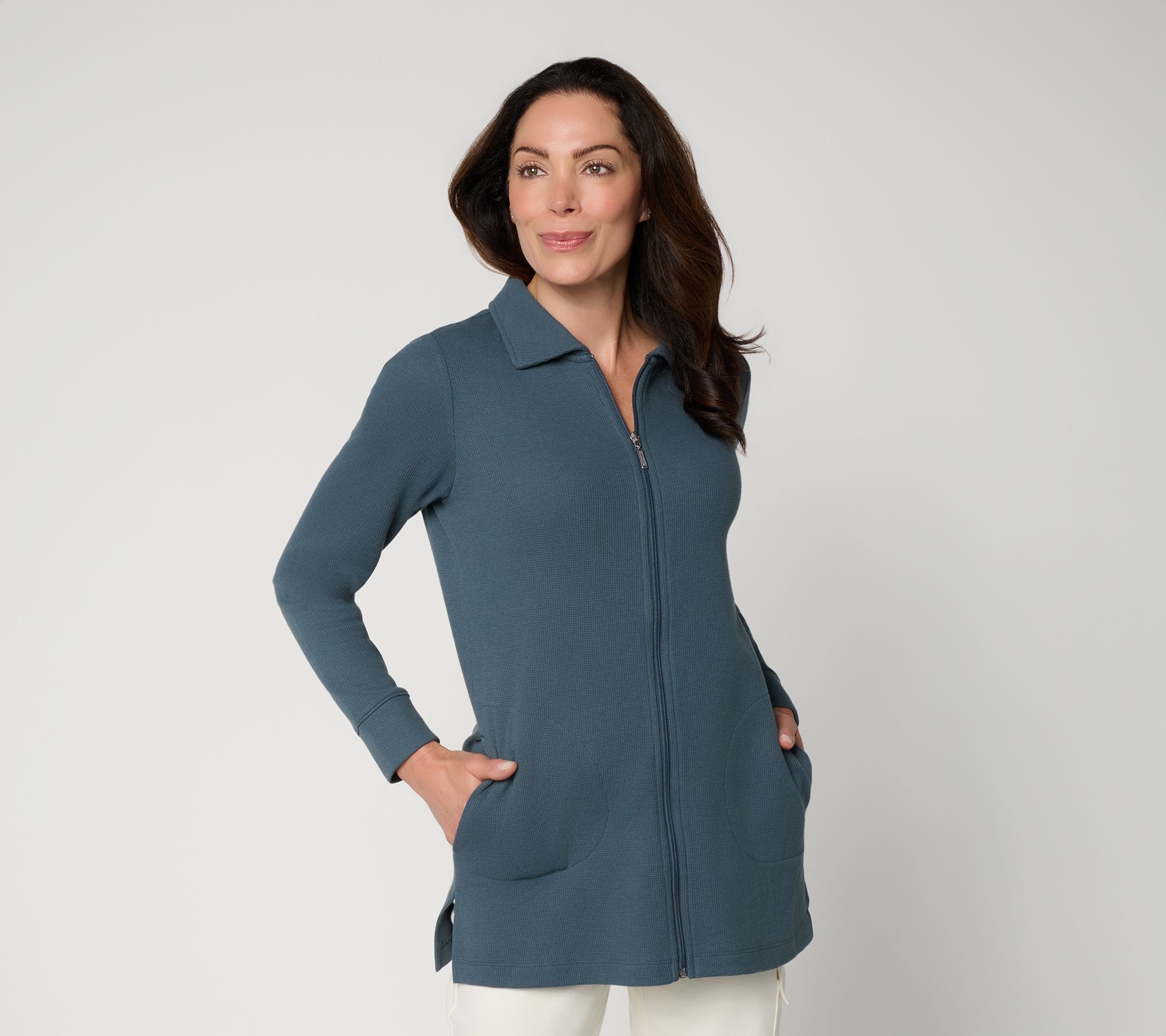 Denim & Co. Active Regular Waffle Knit Zip Front Collared Tunic