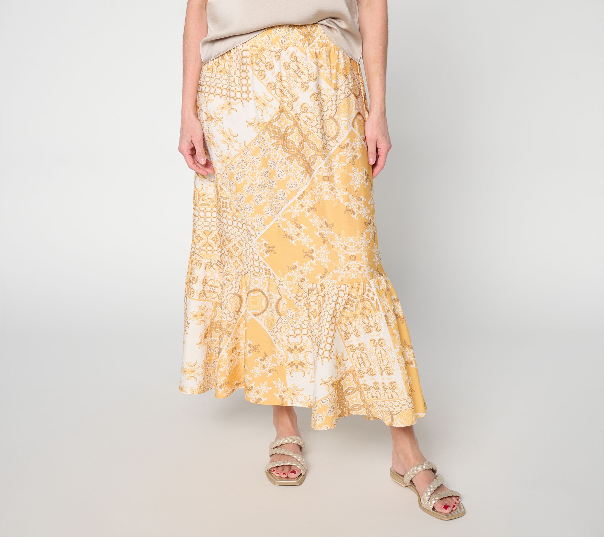 "As Is" Susan Graver Petite Printed Dolce Woven Skirt w/ Smocked Waist
