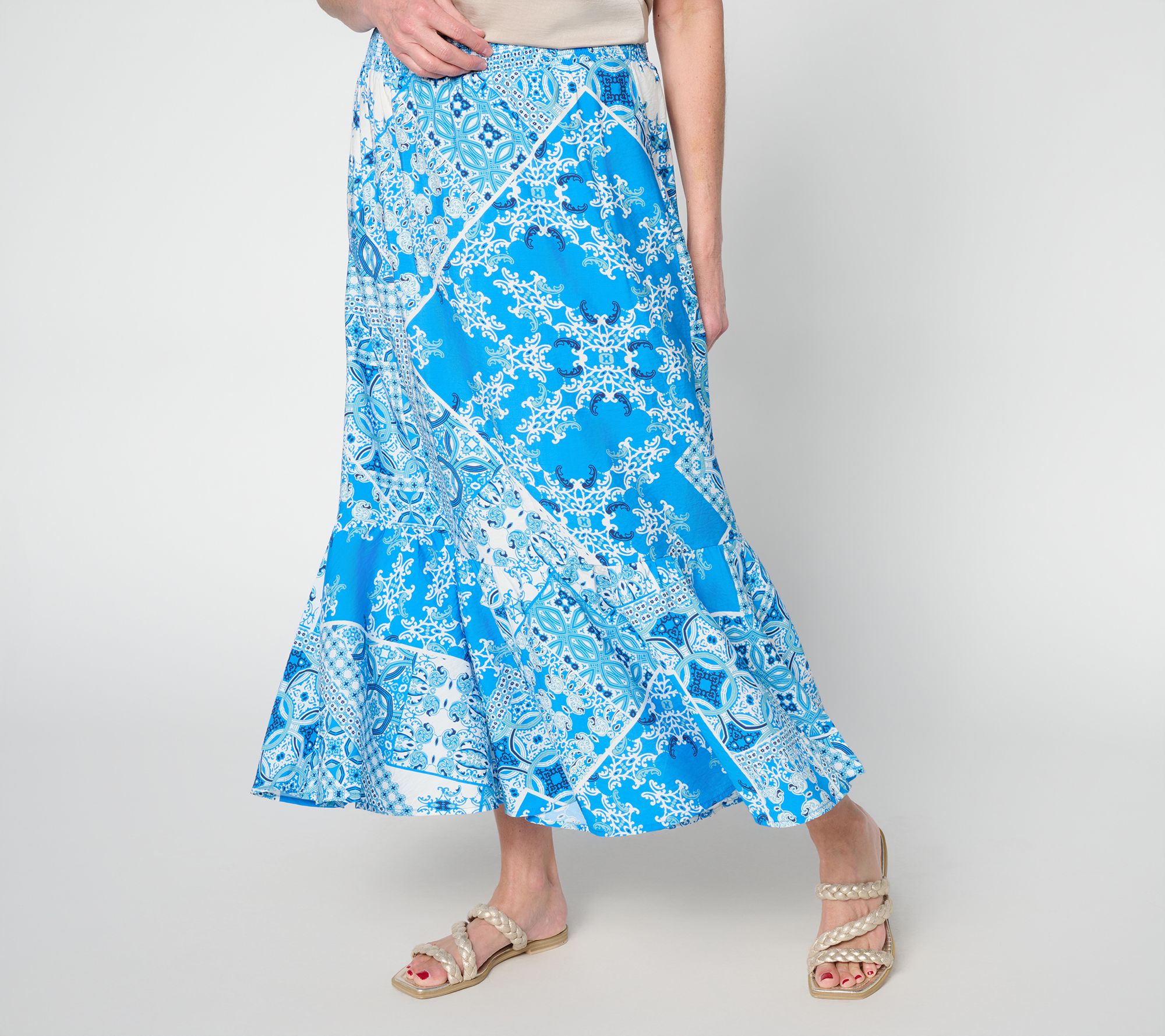 "As Is" Susan Graver Petite Printed Dolce Woven Skirt w/ Smocked Waist