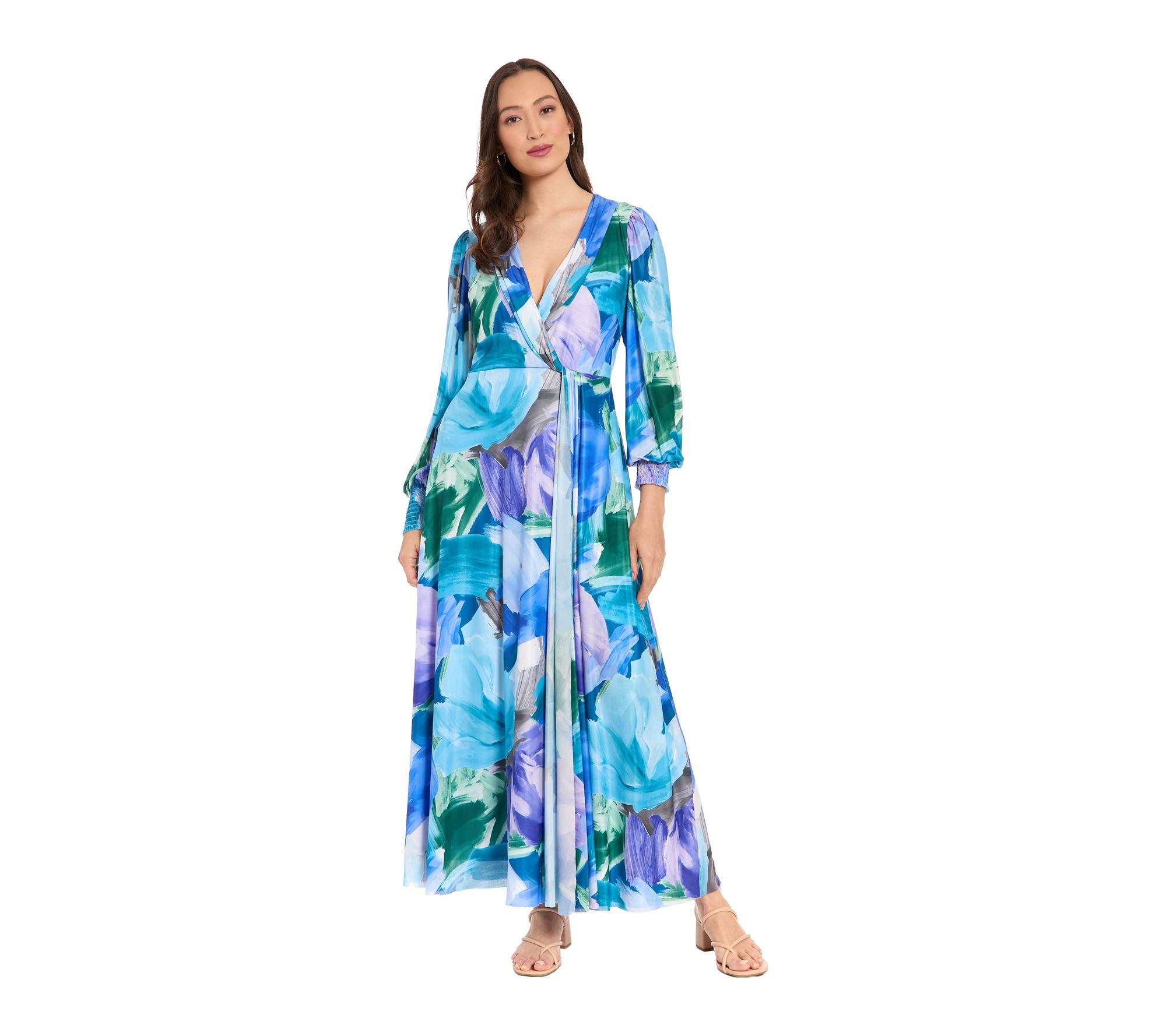London Times Shirred Surplice Bishop Sleeve Maxi Dress