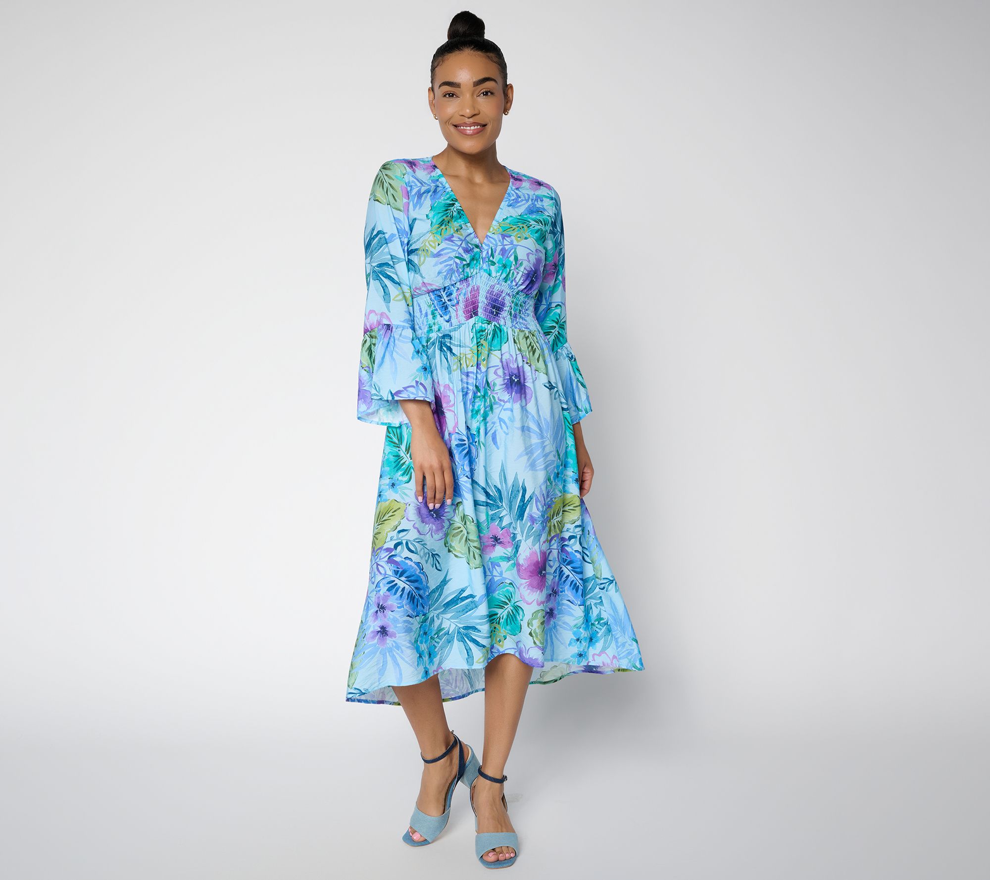 "As Is" Susan Graver Regular Printed Dolce Woven Smocked Midi Dress