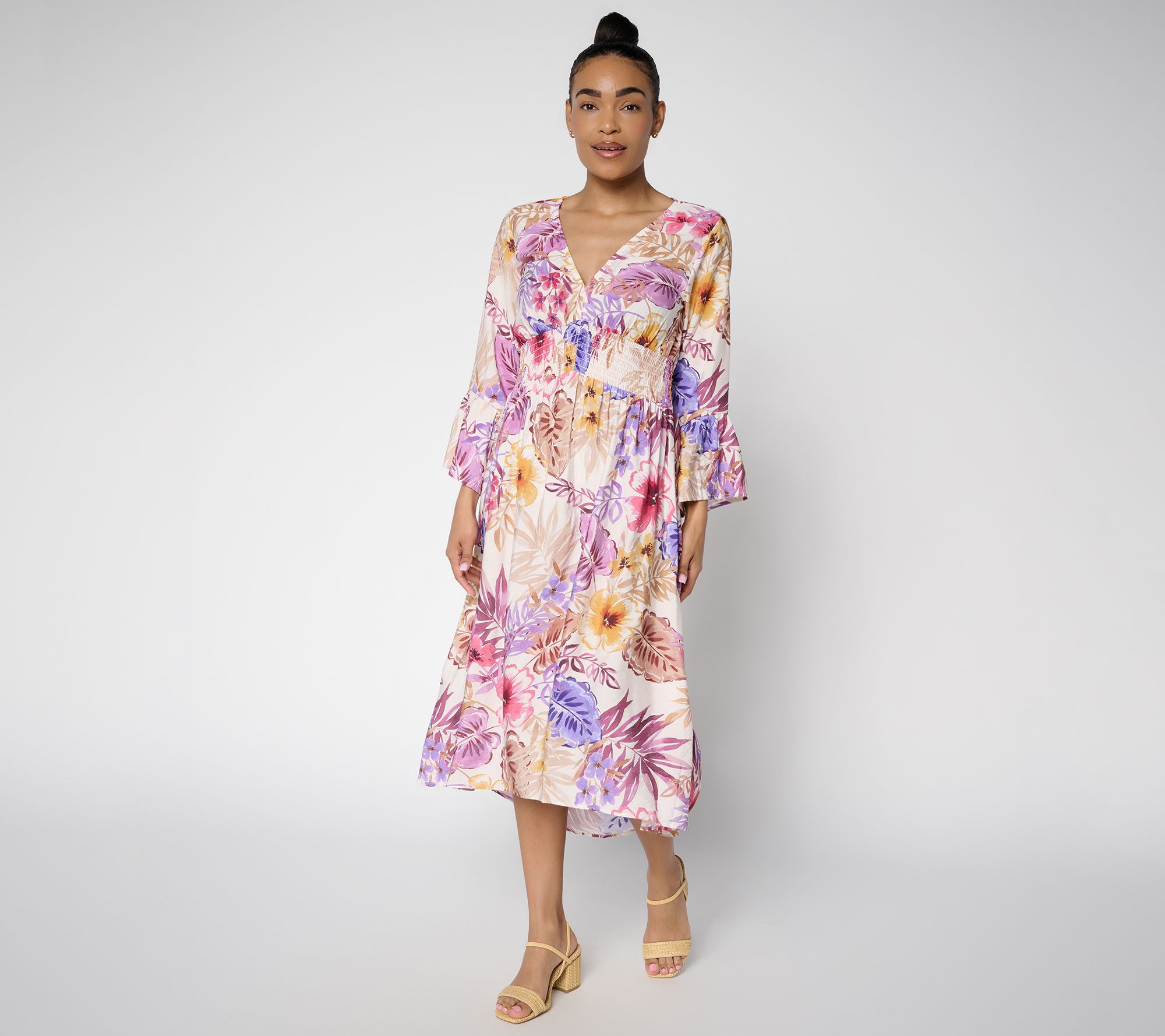 "As Is" Susan Graver Regular Printed Dolce Woven Smocked Midi Dress