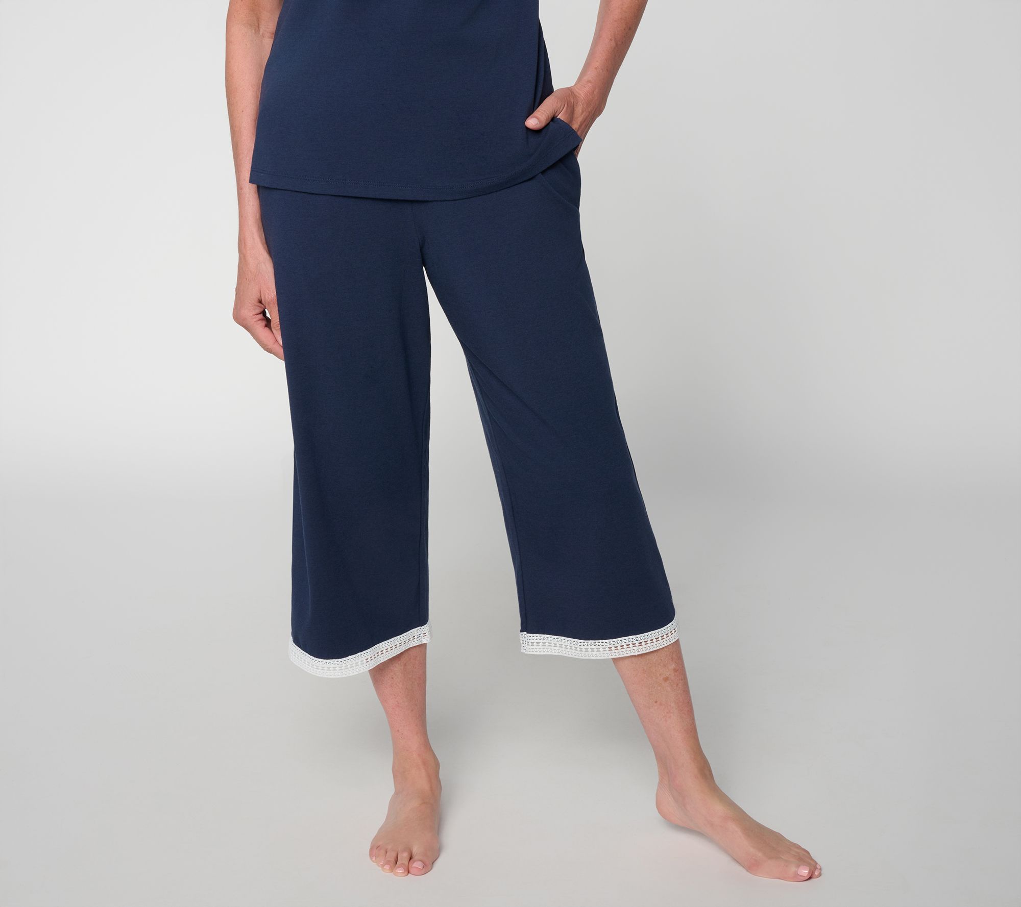 "As Is" Cuddl Duds Cottonwear+ Cropped Lounge Pants w/ Lace