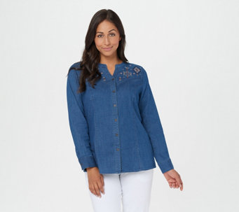 Studio by Denim & Co. Embroidered Button-Up Denim Shirt - A367906