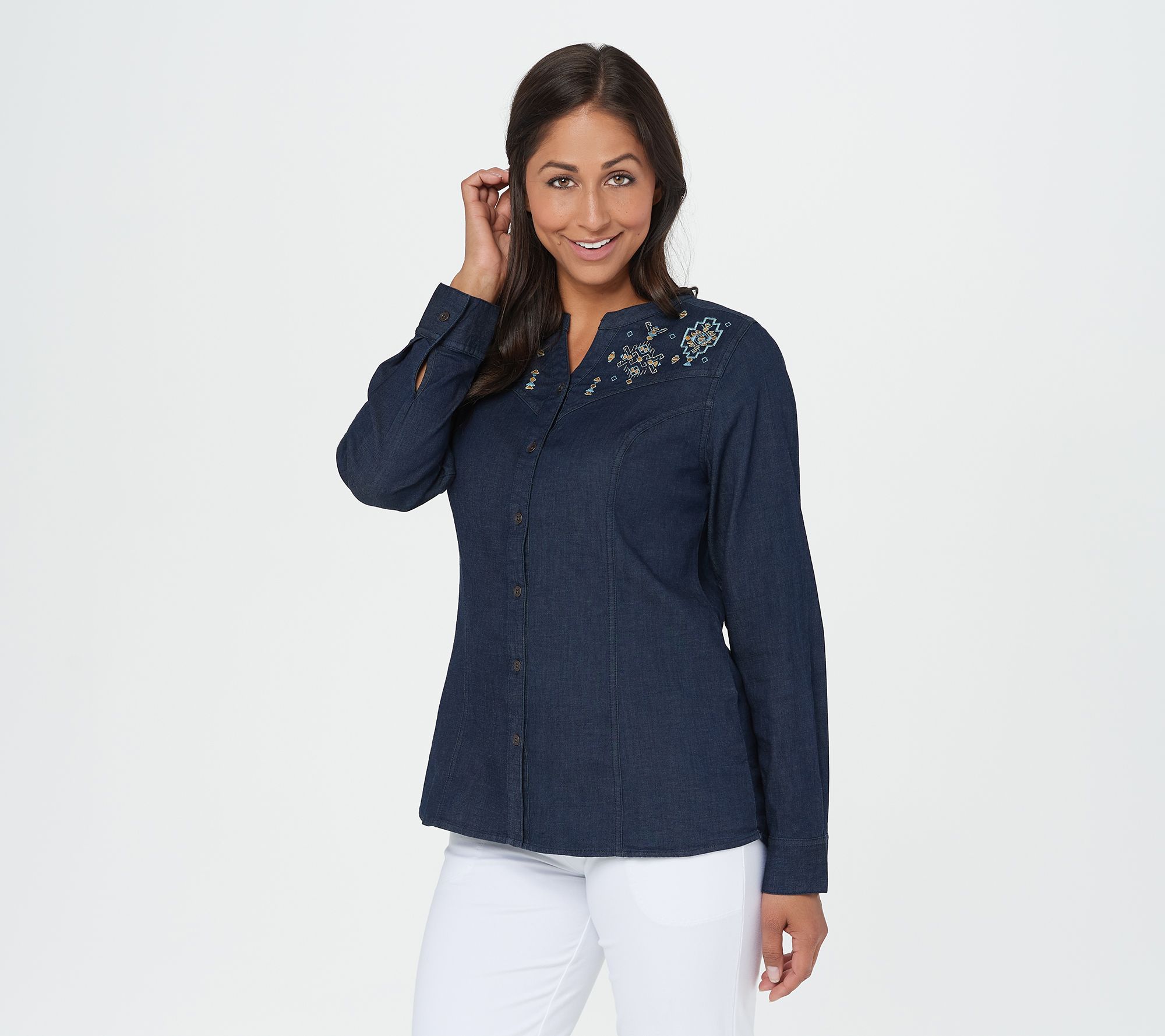 Studio by Denim & Co. Embroidered Button-Up Denim Shirt - A367906