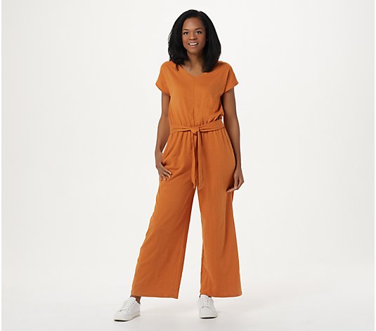 Cuddl Duds Crinkle Jersey V-Neck Jumpsuit with Tie Front Detail