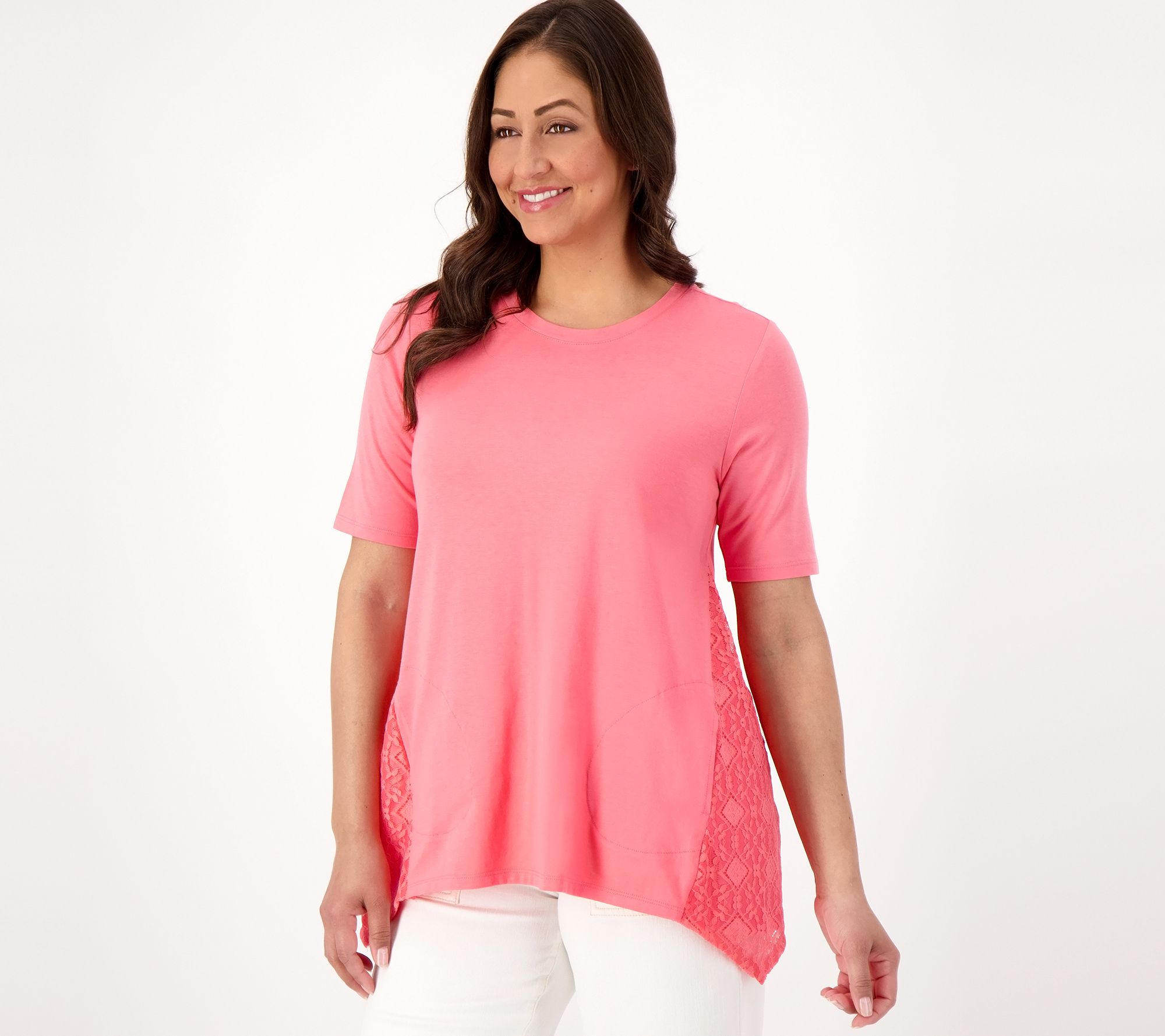 LOGO by Lori Goldstein Cotton Modal Top With Lace Trim