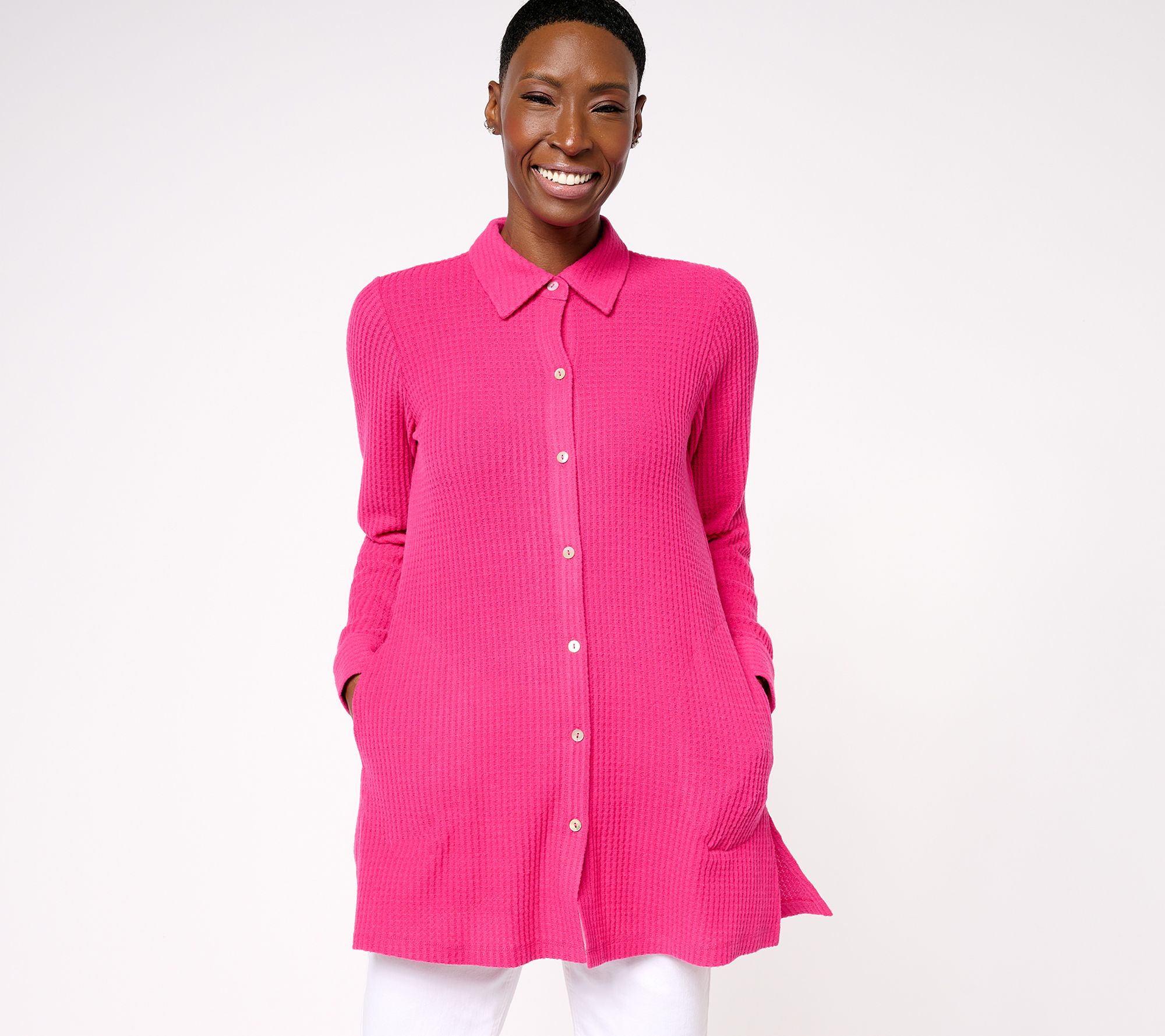 Susan Graver Petite Weekend Brushed Waffle Knit Button Up Shirt