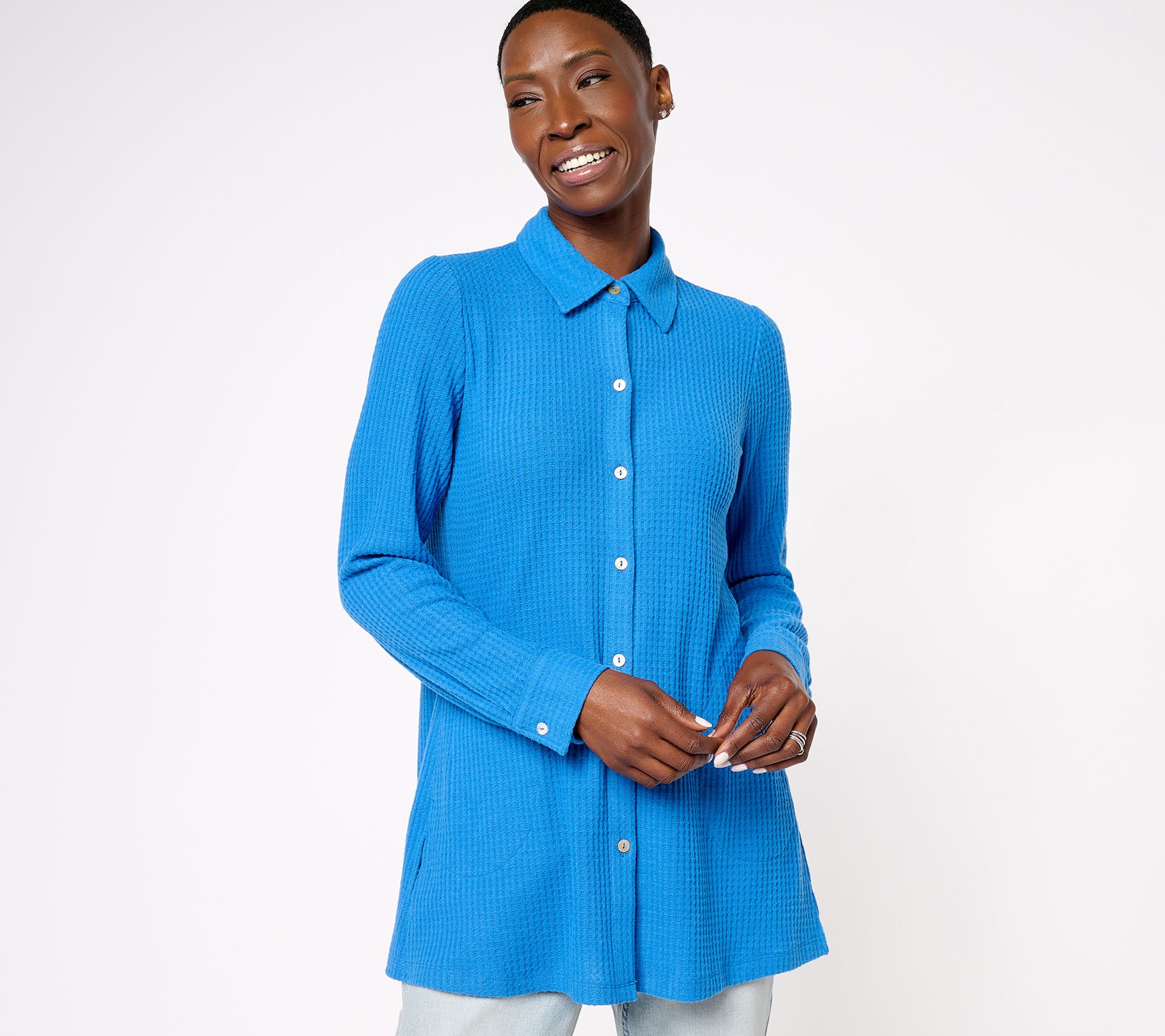 Susan Graver Petite Weekend Brushed Waffle Knit Button Up Shirt