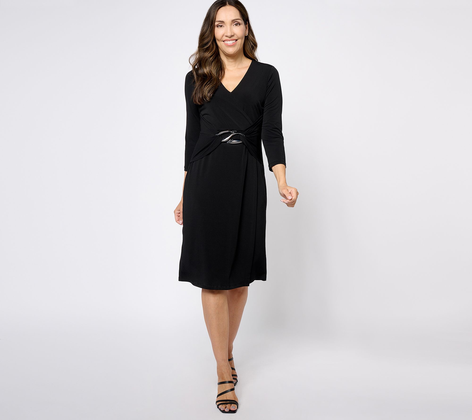 Susan Graver Occasions Petite Liquid Knit Faux Wrap Midi Dress