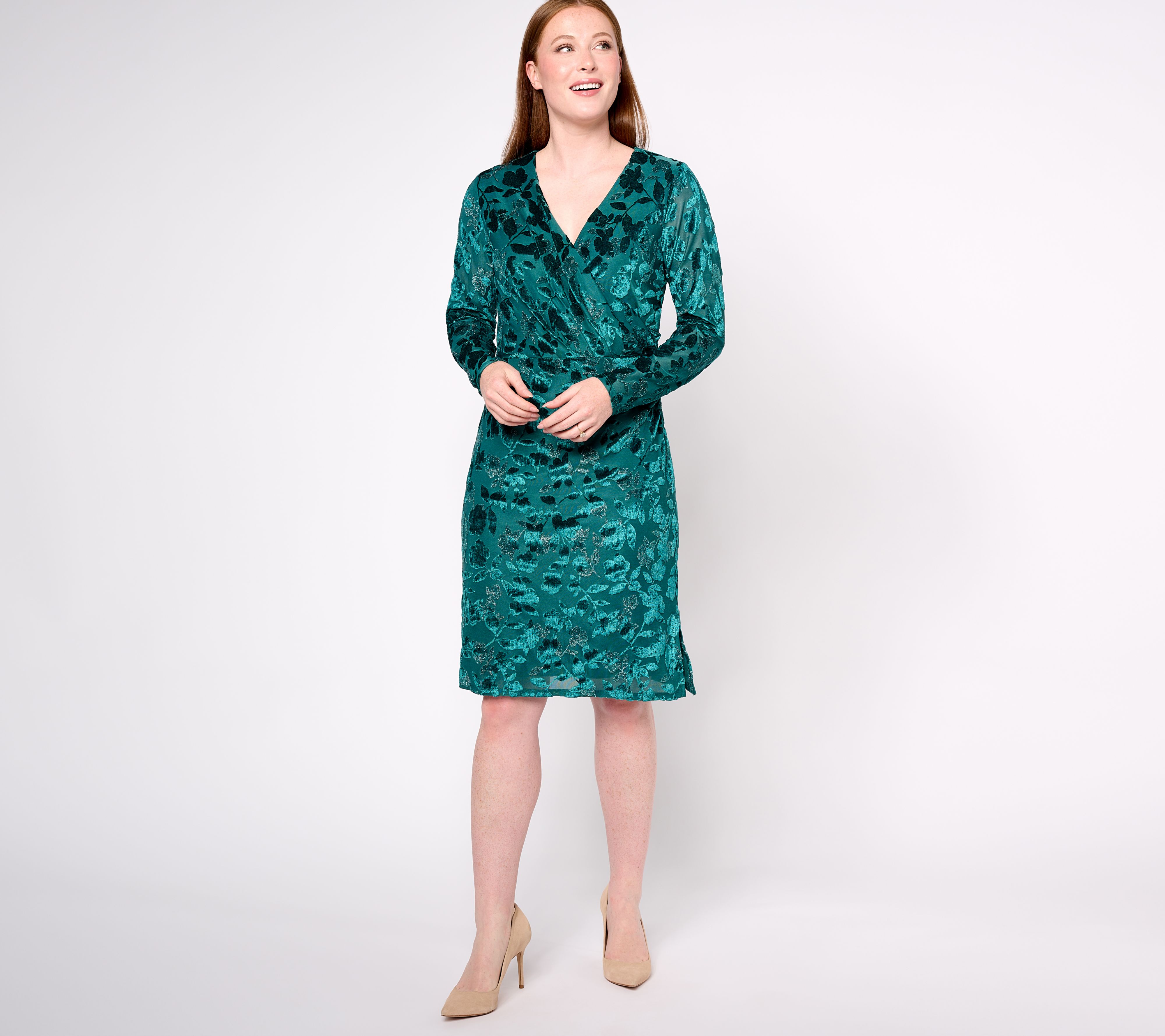 Isaac Mizrahi Live! Petite Burnout Velvet Long Sleeve Wrap Dress