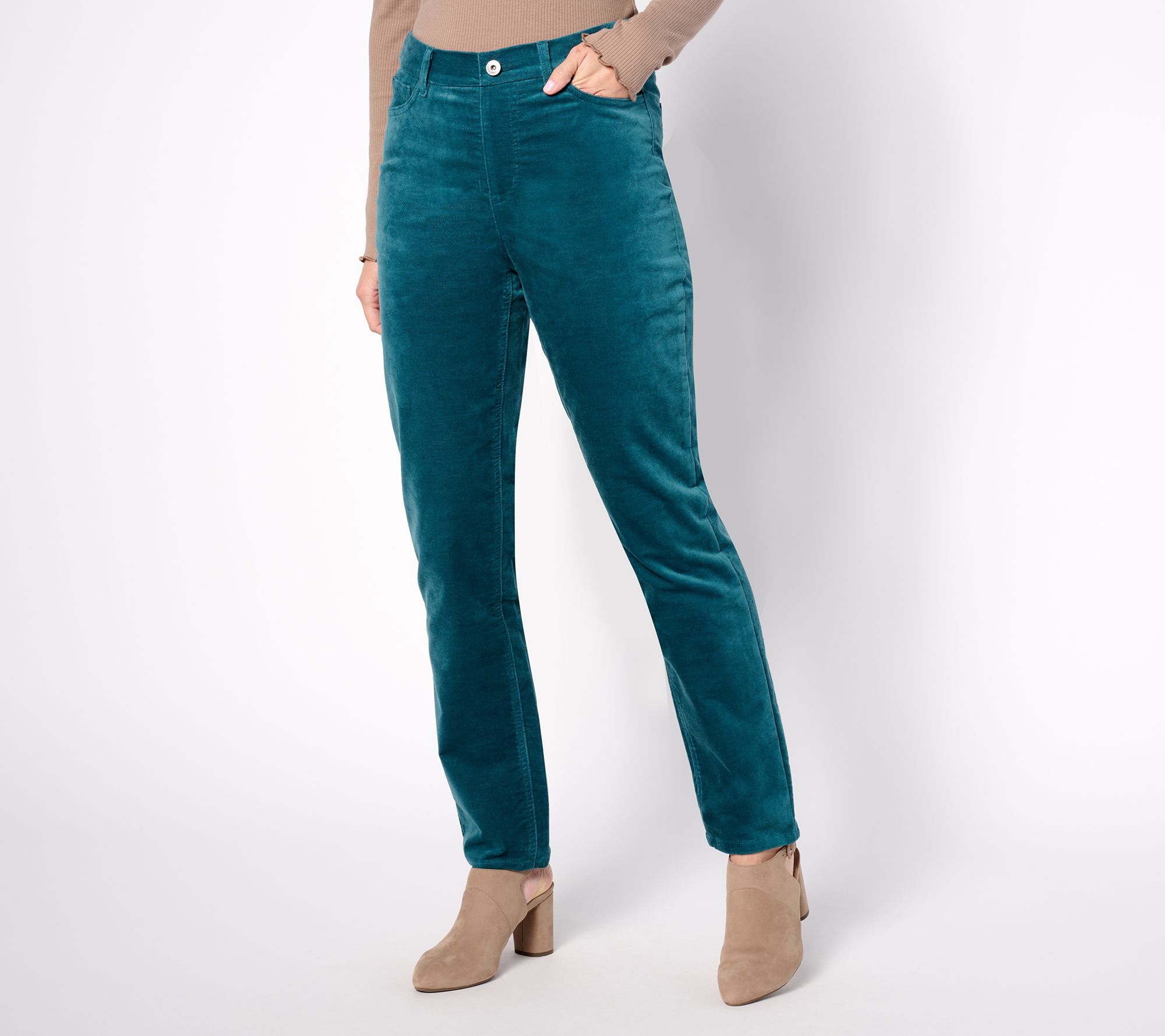 Denim & Co. Petite Comfy Knit Denim Straight Leg Pocket Jeans