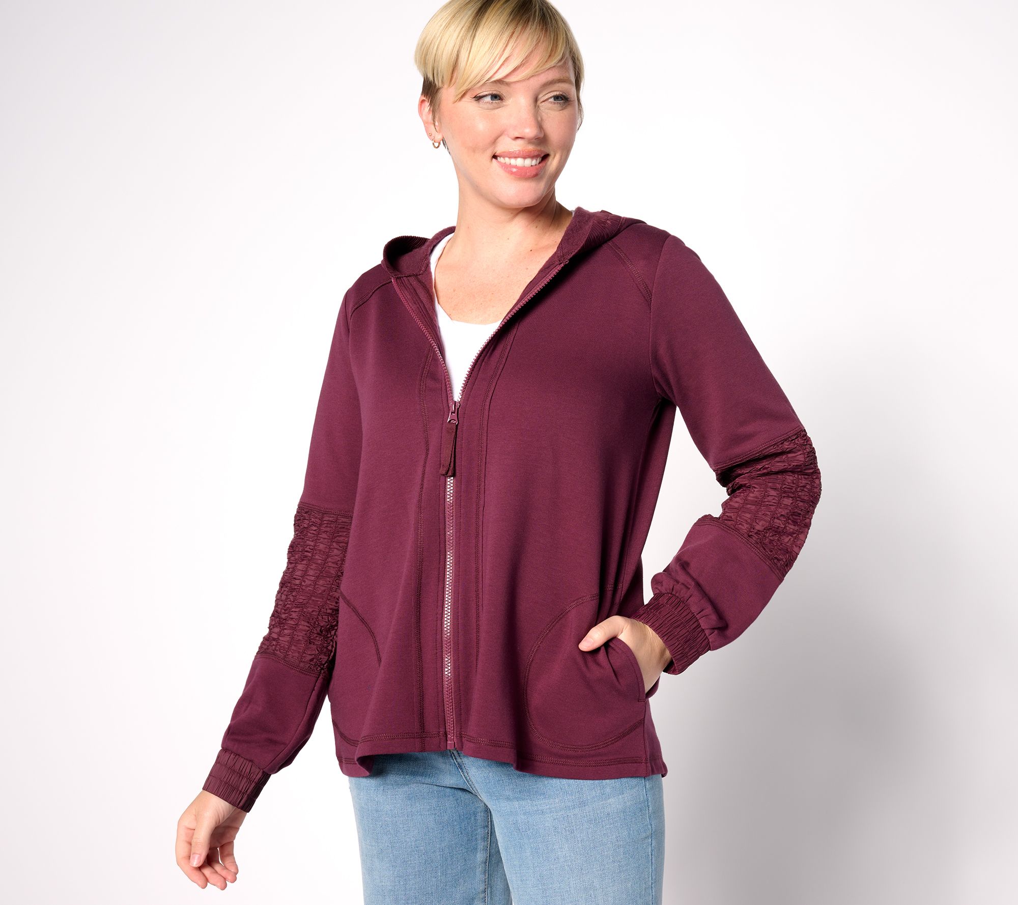 LOGO Life by Lori Goldstein French Terry Zip Up Hoodie With Smocking