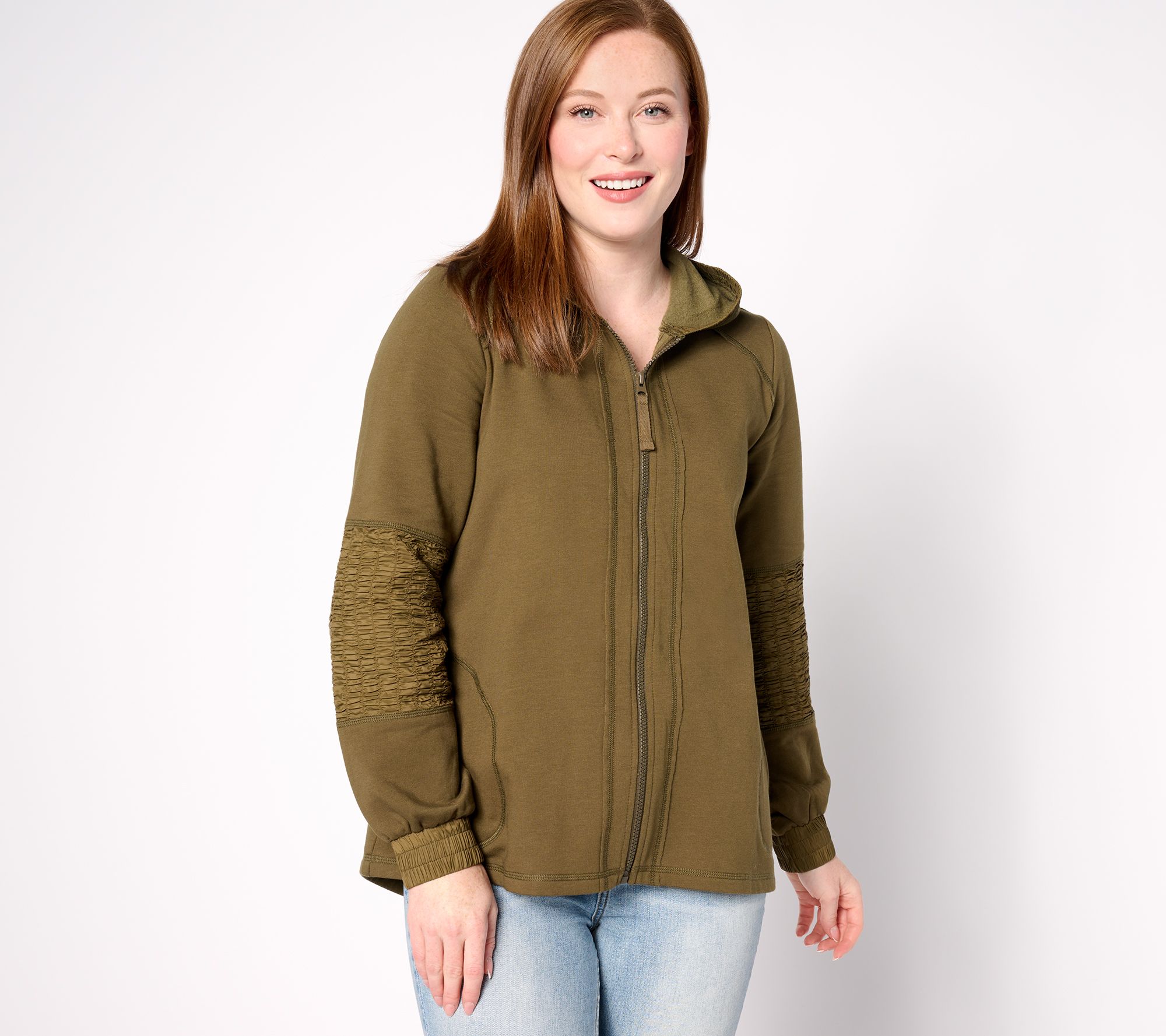 LOGO Life by Lori Goldstein French Terry Zip Up Hoodie With Smocking