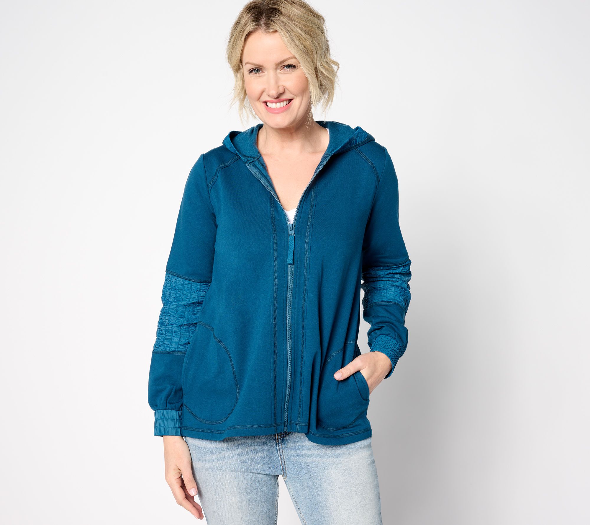 LOGO Life by Lori Goldstein French Terry Zip Up Hoodie With Smocking