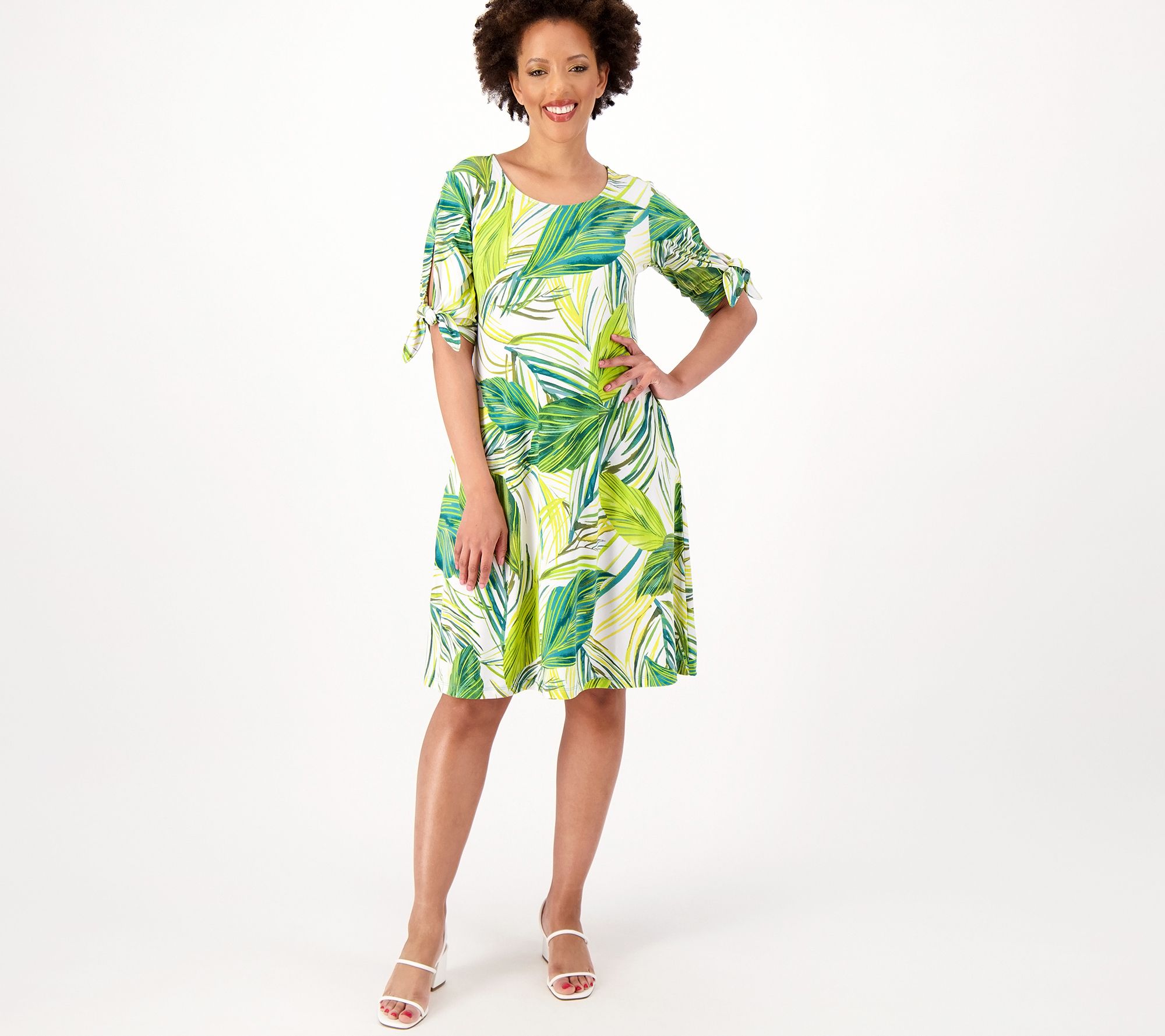 "As Is" Susan Graver Printed Petite Liquid Knit A-Line Dress w/Ties