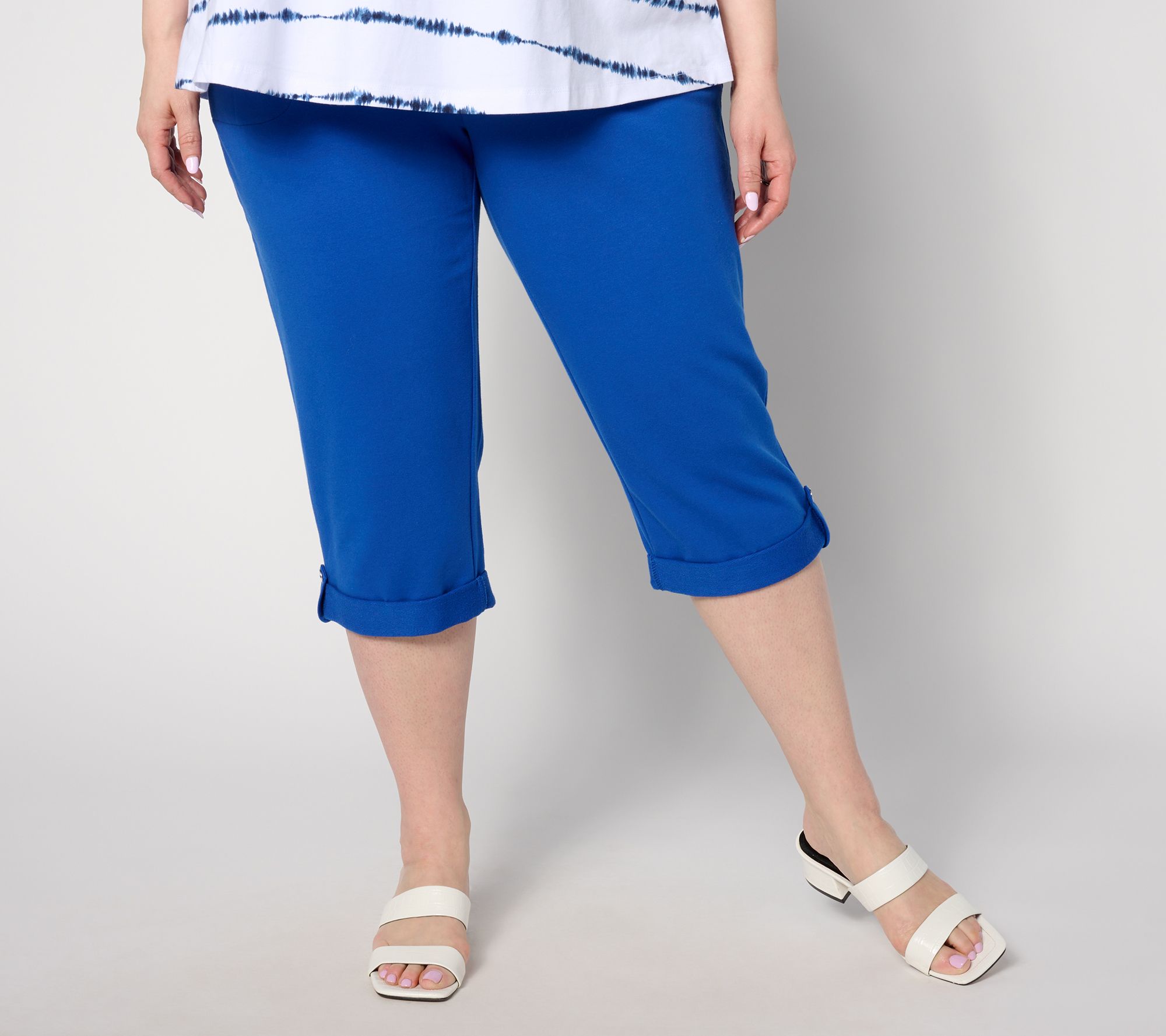 Woman Within Women's Plus Size Side Stripe Cotton French Terry Capri -  42/44, Waterfall White Blue 