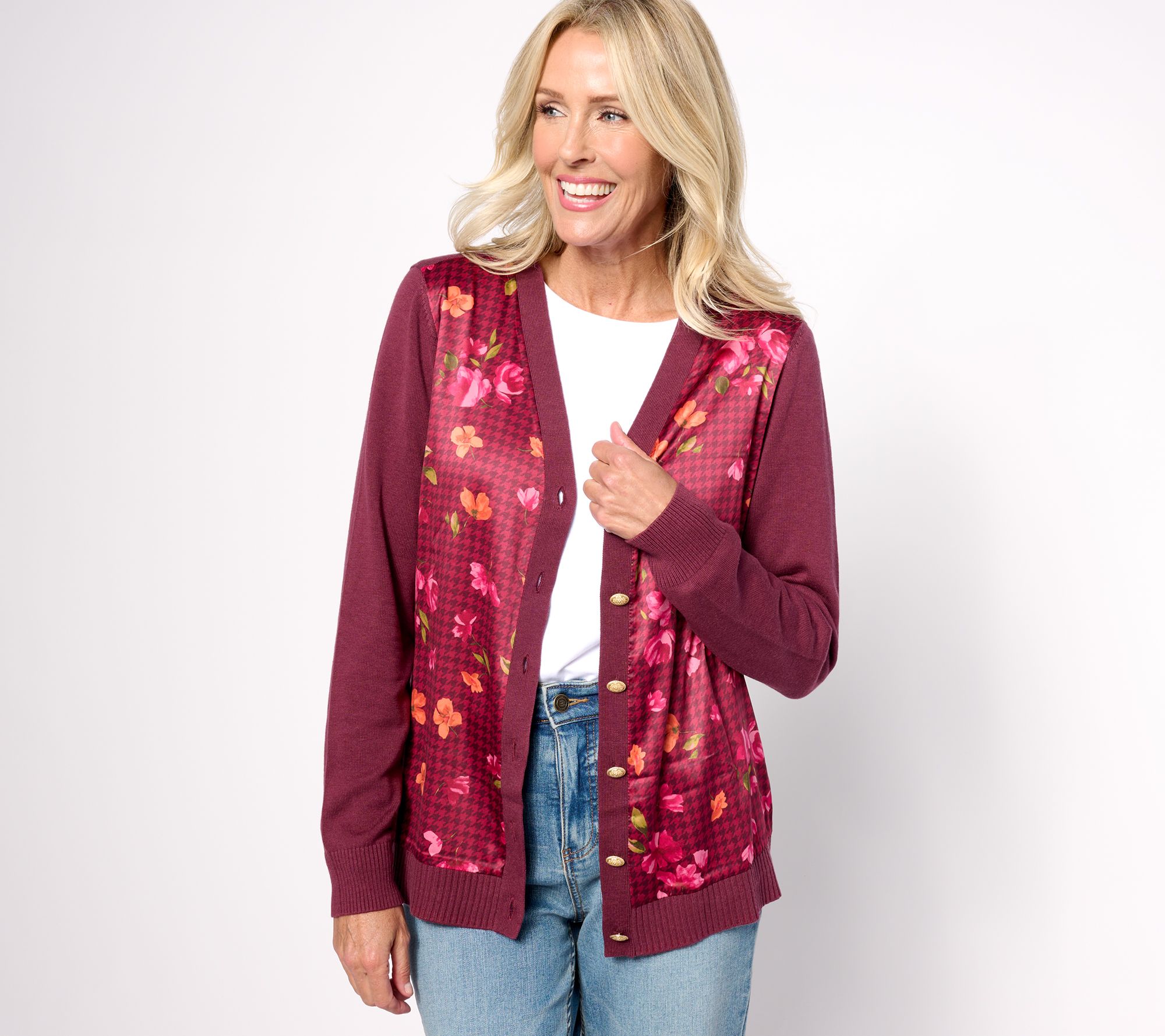"As Is" Isaac Mizrahi Live! Estate Printed Mixed Media Button Cardigan