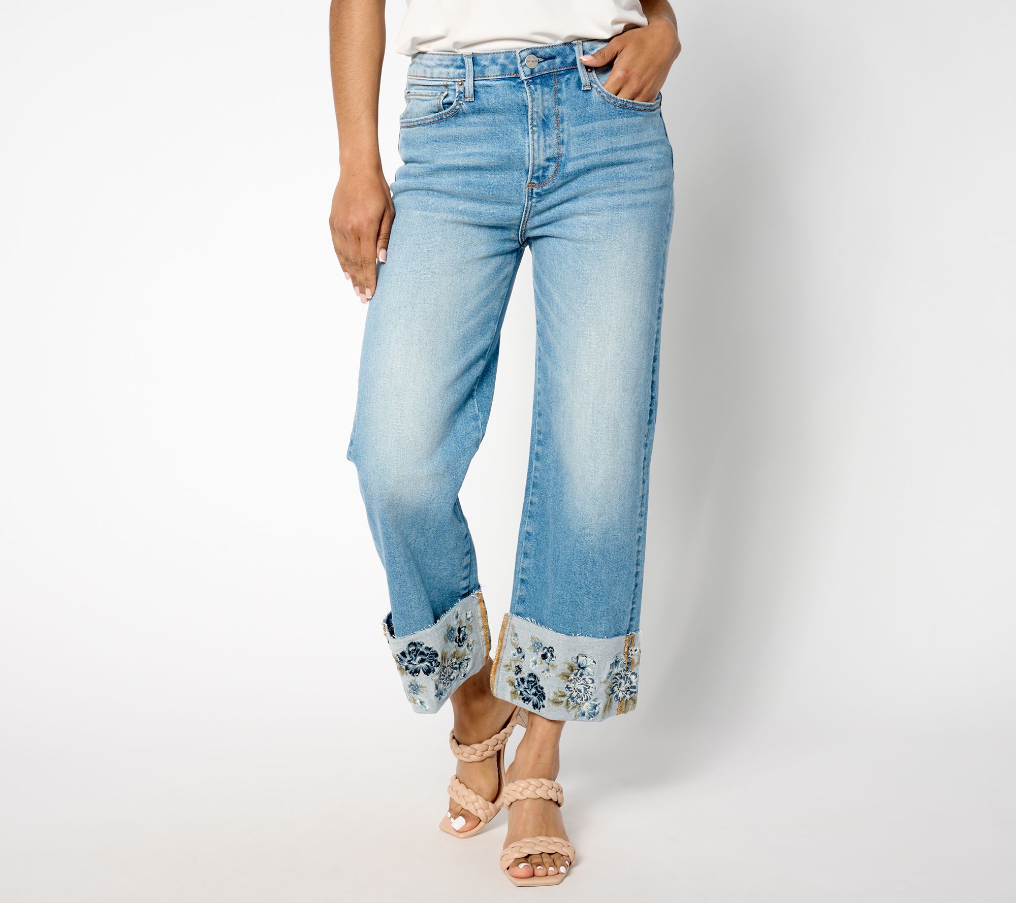 Driftwood Jeans Charlee Embroidered Cuff Jean -Bluebell Fleur - QVC.com