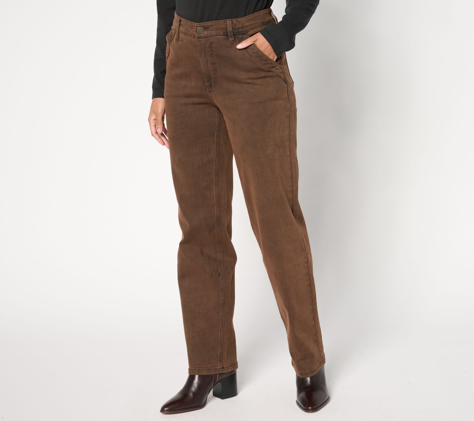 Susan Graver Petite Stretch Denim Straight Leg Jean - Grey/Brown