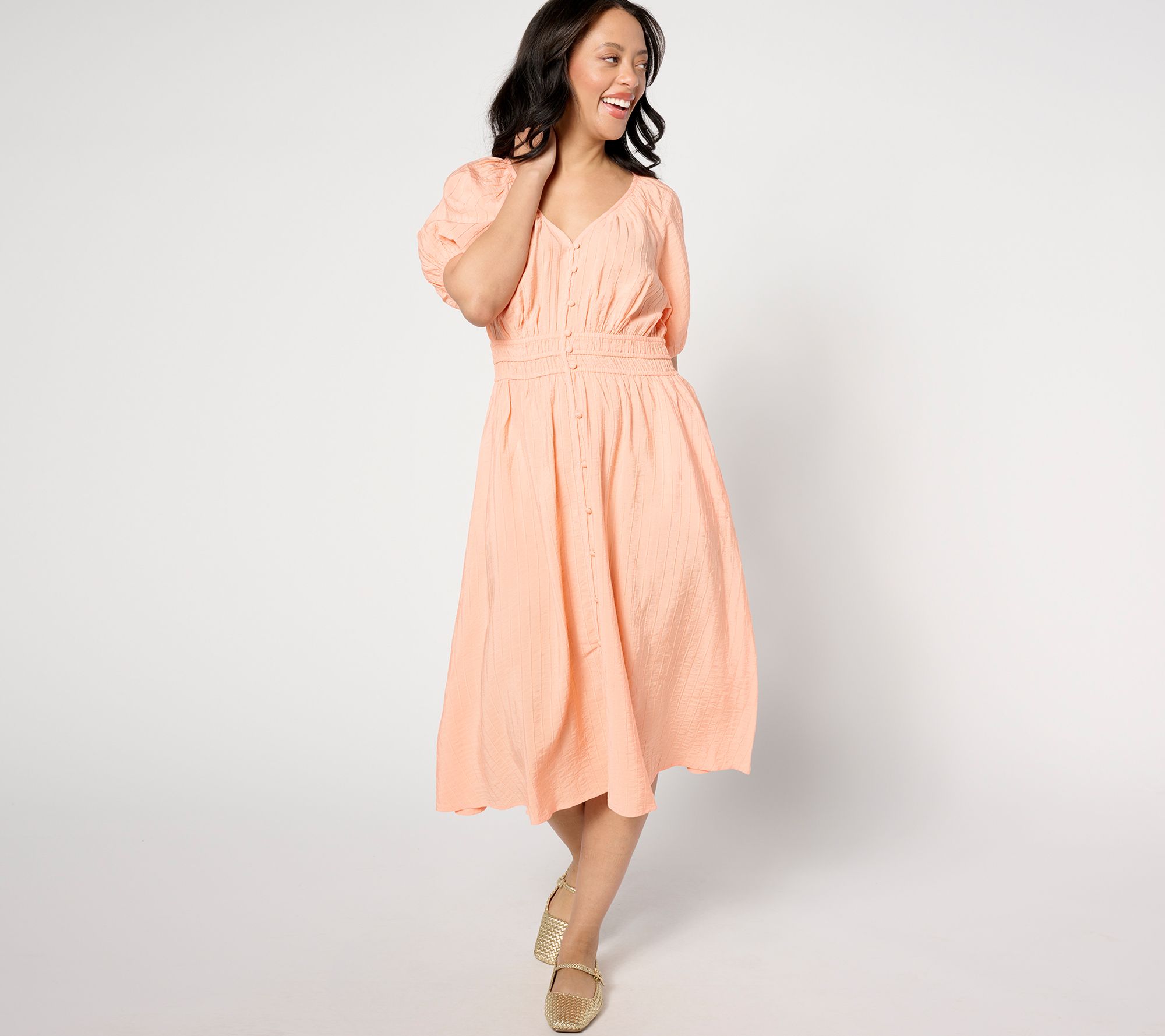 "As Is" Destination 365 Petite V-Neck Button Front Midi Dress