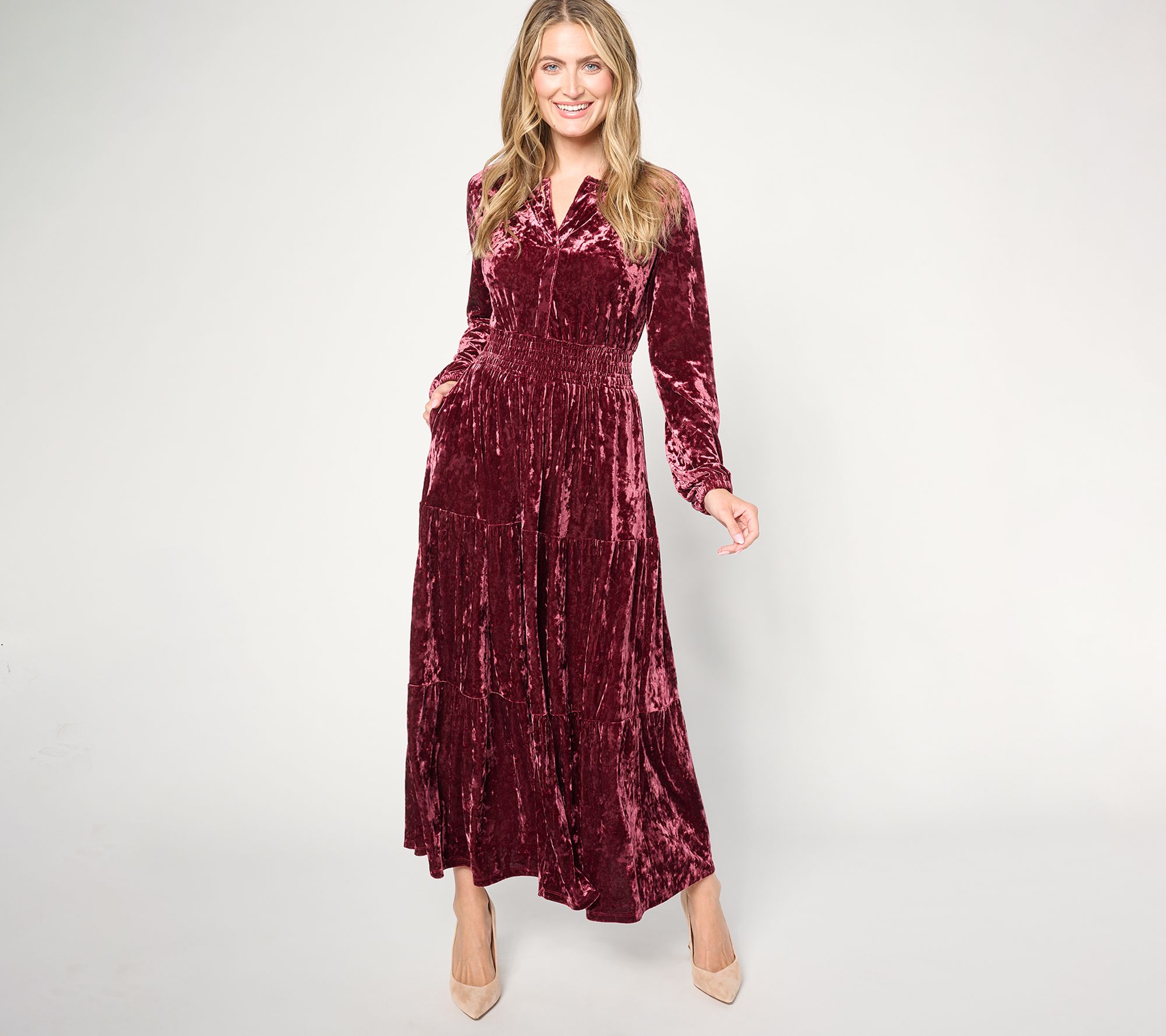 Belle Boho by Kim Gravel Regular Crushed Velvet Tiered Maxi Dress