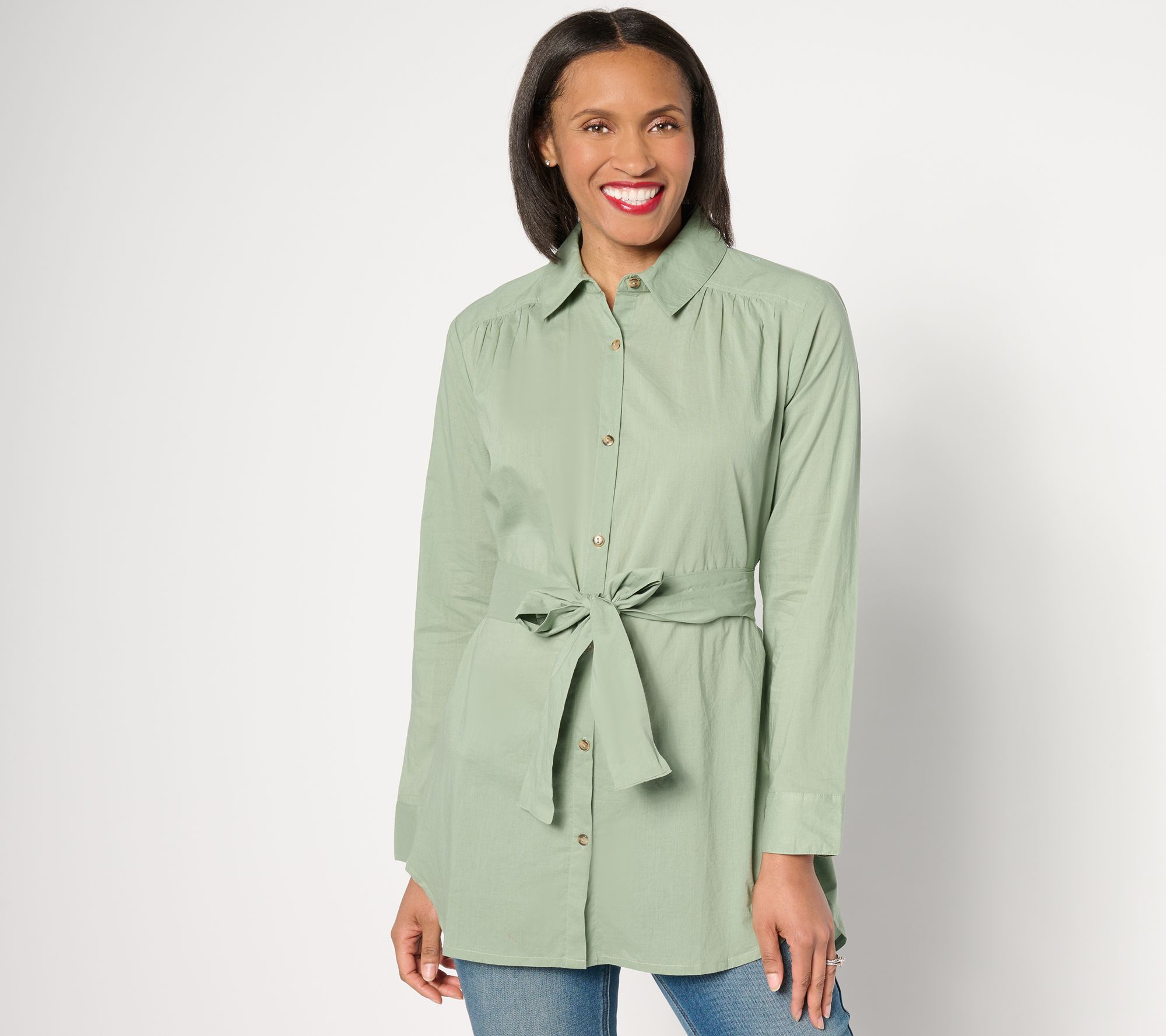 "As Is" AnyBody Long Sleeve Button Front Woven Tunic with Tie Waist
