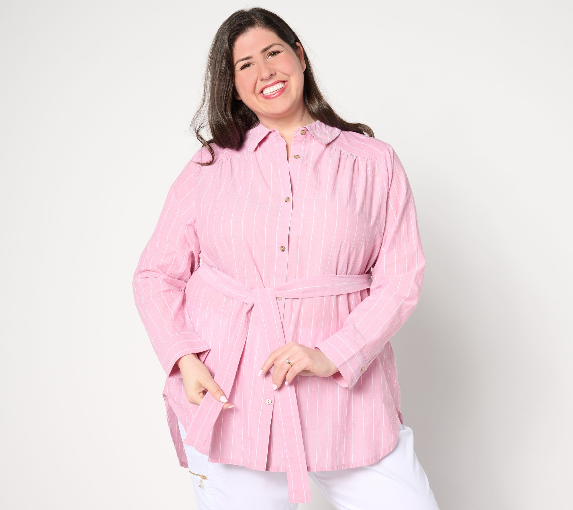 "As Is" AnyBody Long Sleeve Button Front Woven Tunic with Tie Waist
