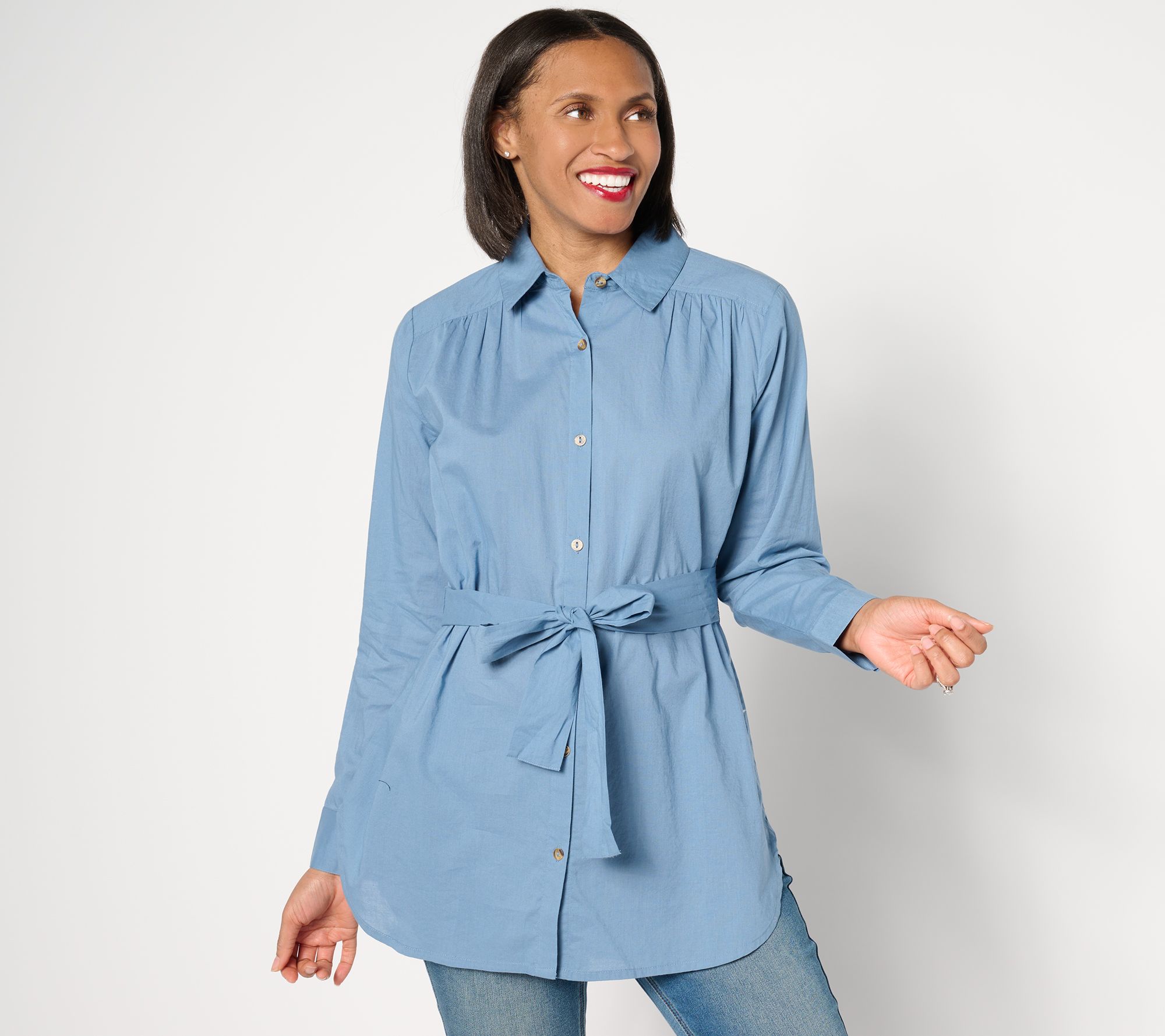 "As Is" AnyBody Long Sleeve Button Front Woven Tunic with Tie Waist