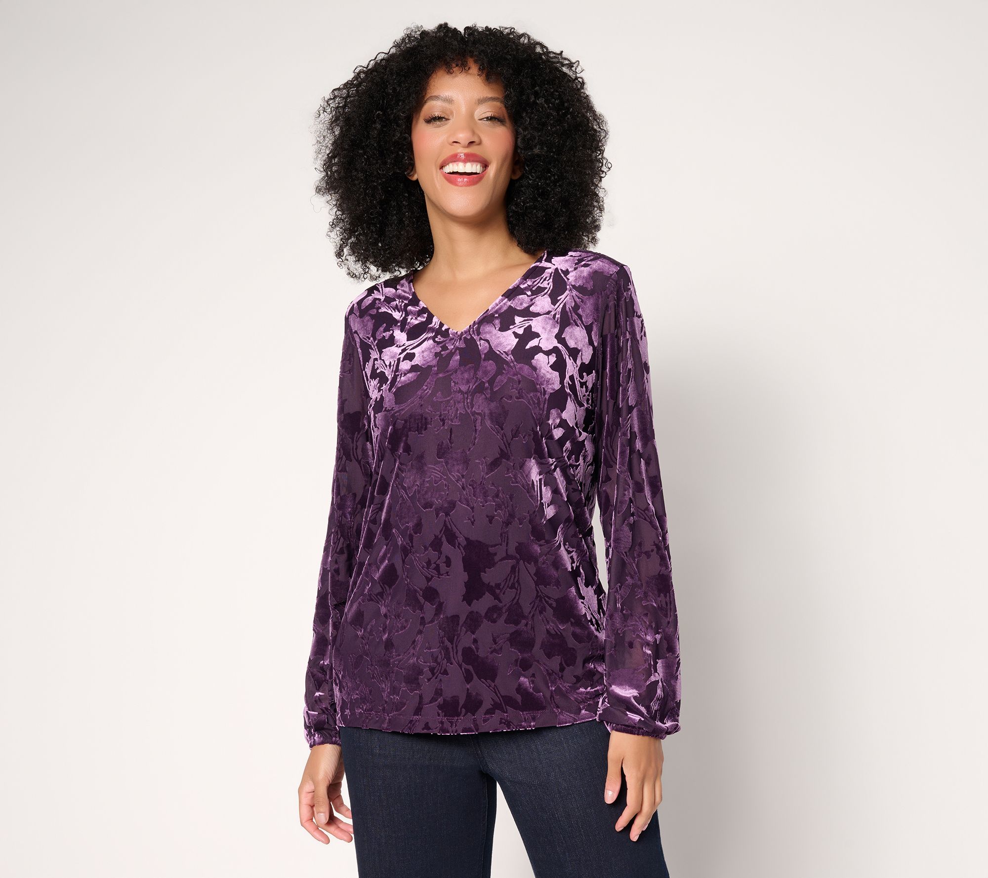 Denim & Co. Burnout Velvet Long Sleeve Blouse
