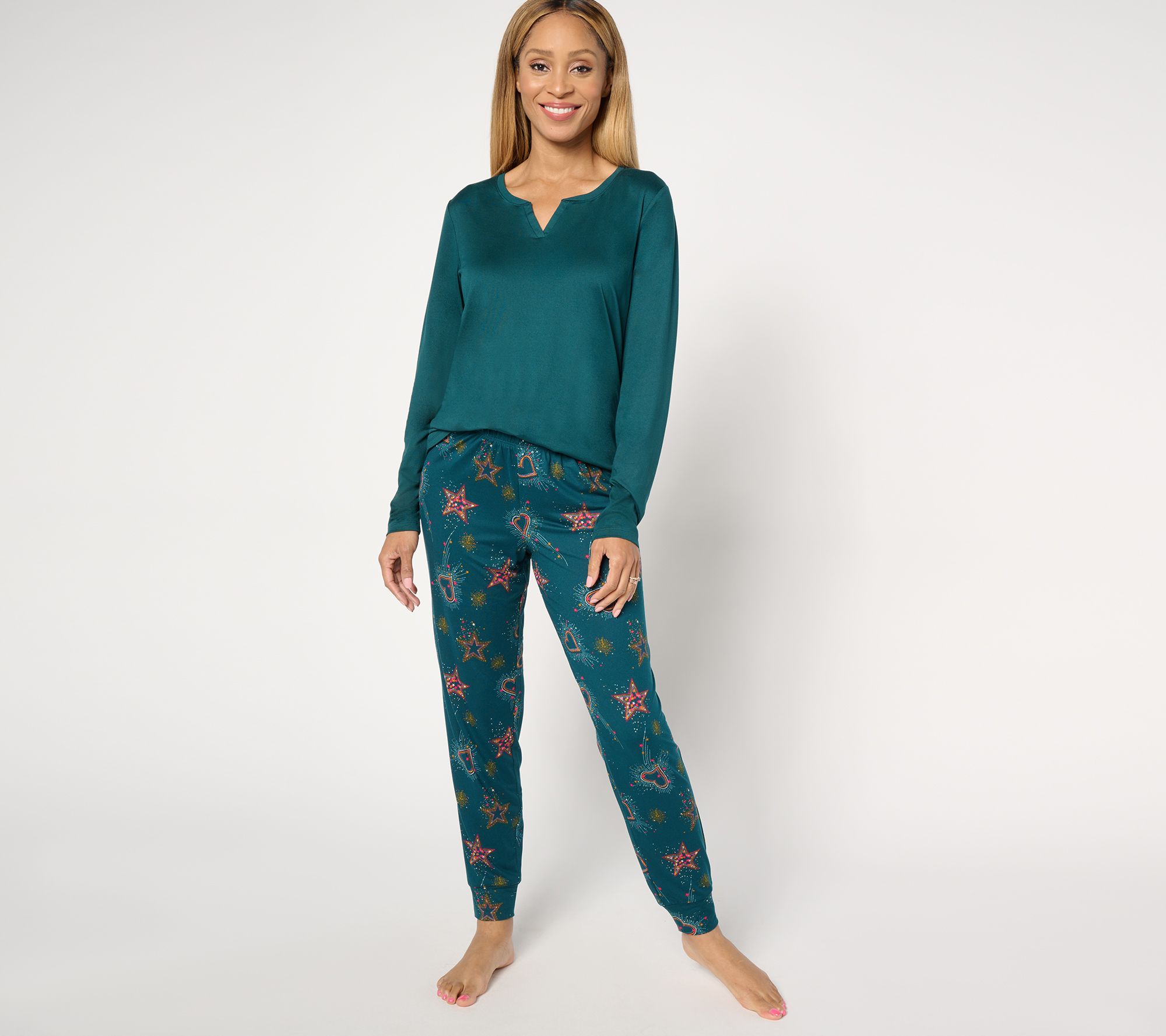 AnyBody Regular Lush Jersey Solid Top and Printed Joggers Sleep Set