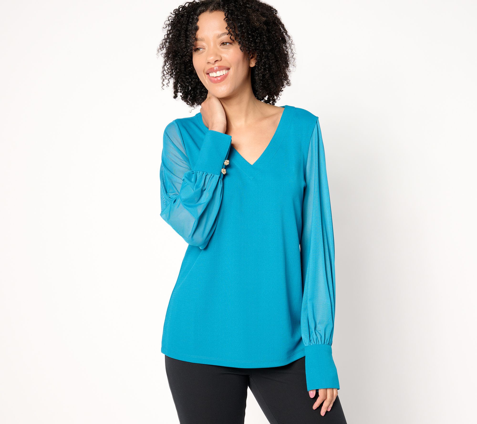 "As Is" Isaac Mizrahi Live! Pebble Knit V-Neck Top with Mesh Sleeves