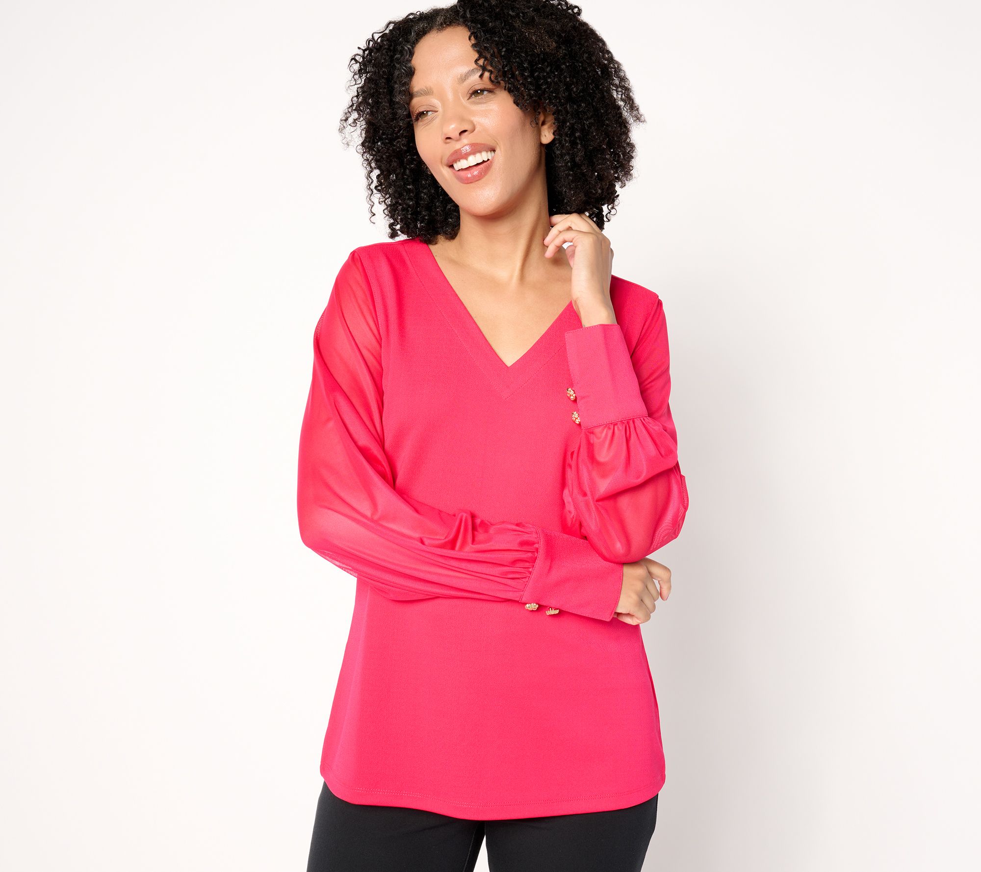 "As Is" Isaac Mizrahi Live! Pebble Knit V-Neck Top with Mesh Sleeves