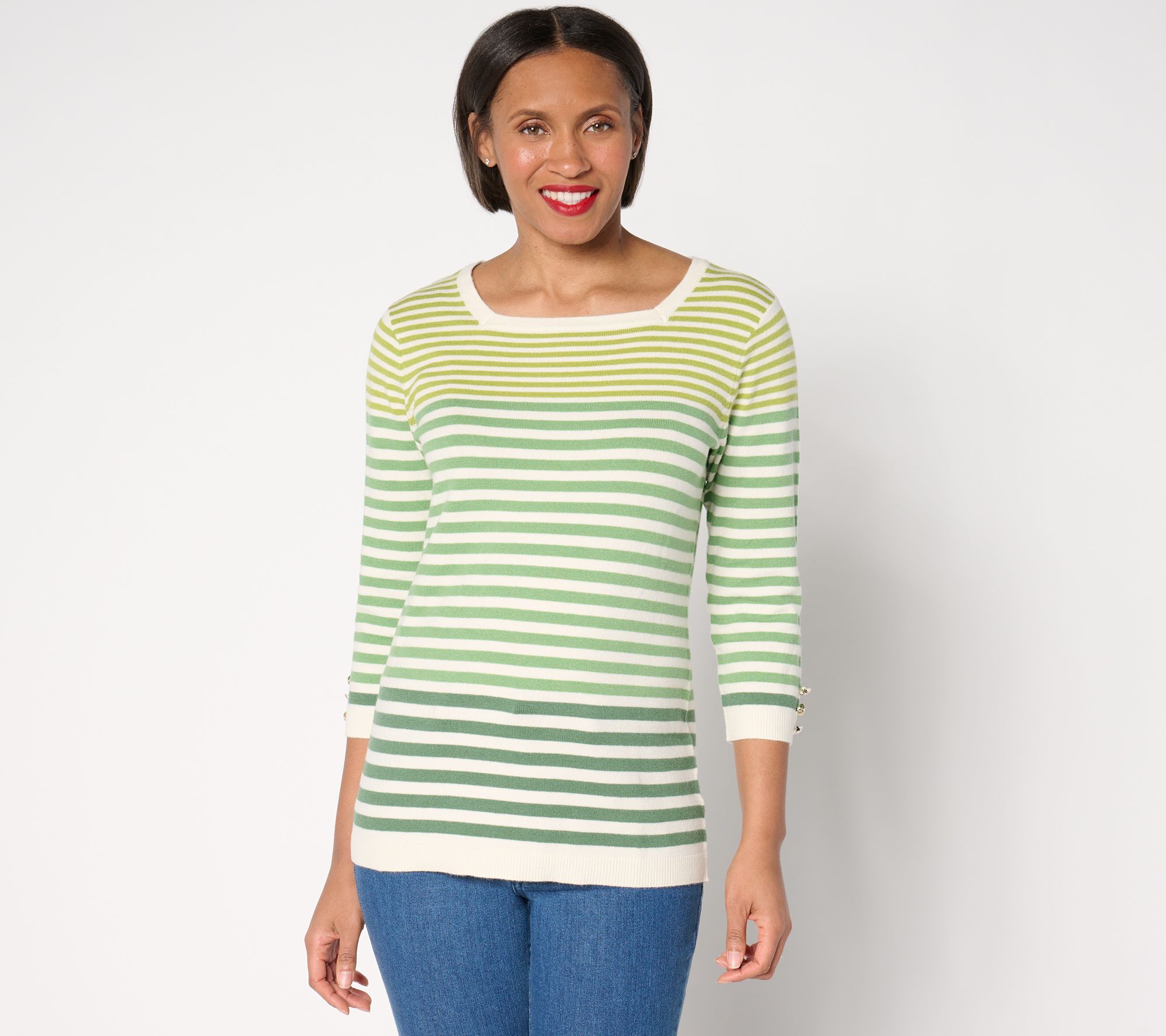 Susan Graver Square Neck Striped Sweater with Button Detail