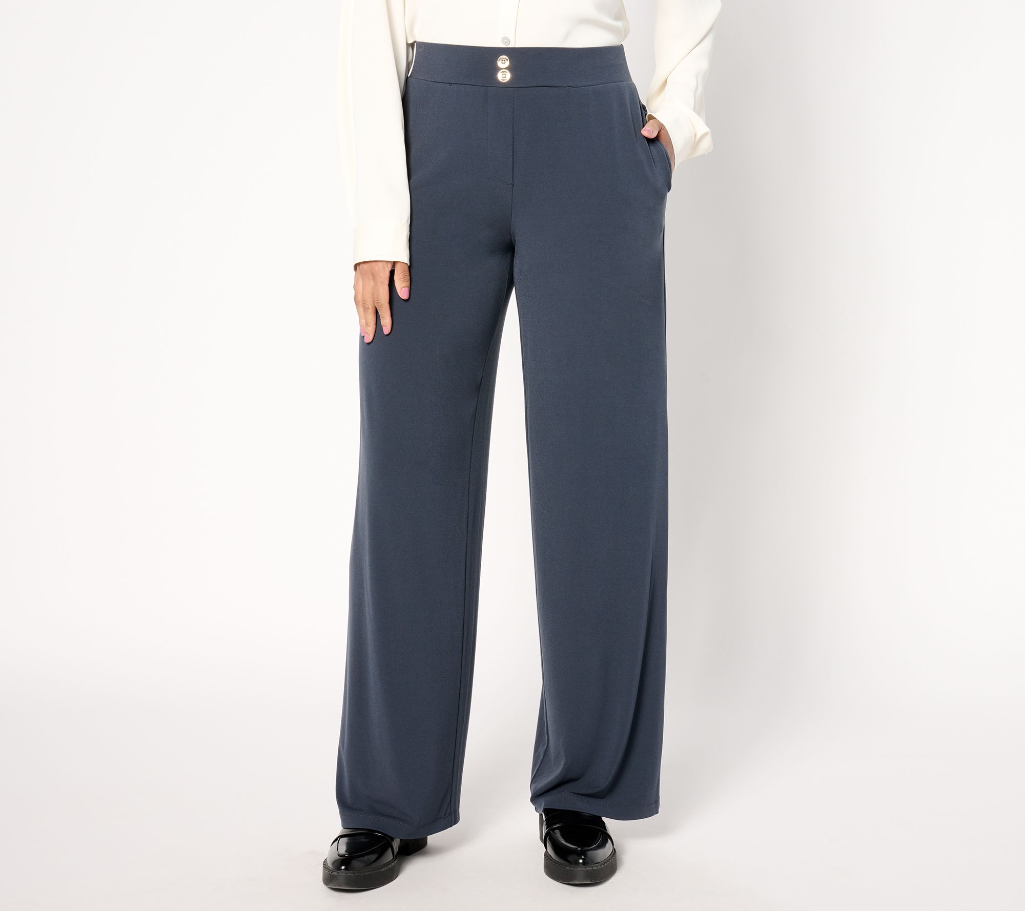 "As Is" Susan Graver Regular Liquid Knit Wide Leg Pants w/ Button
