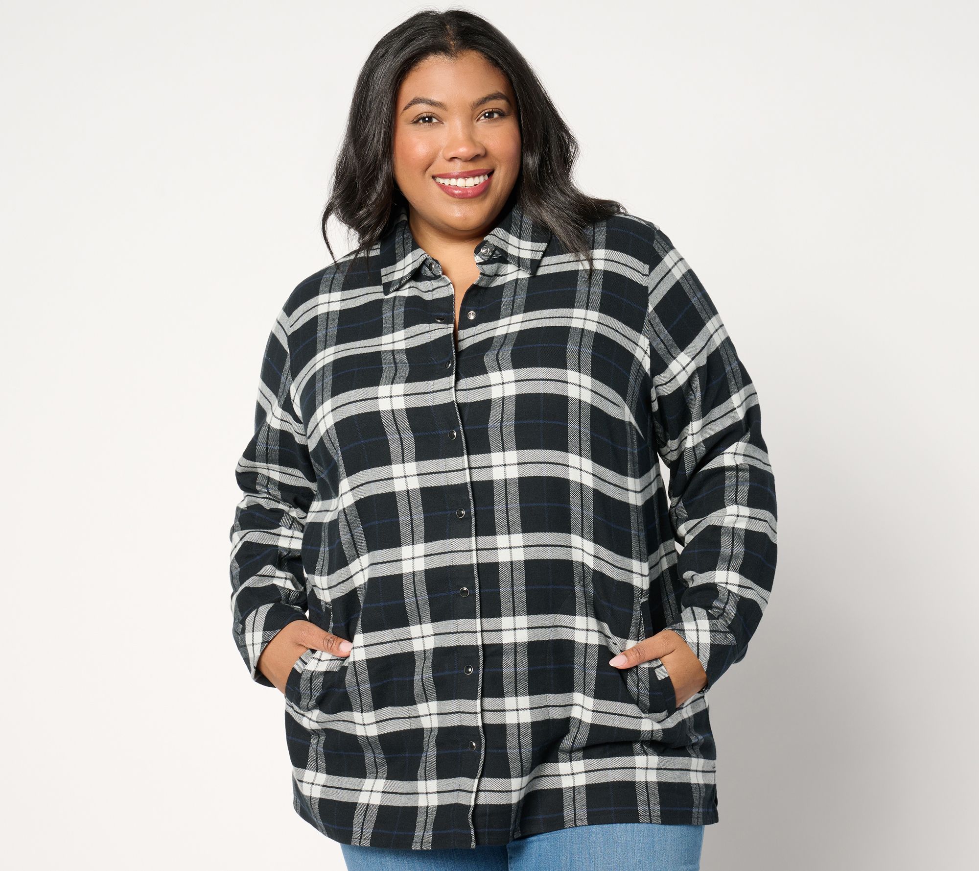 "As Is" Joan Rivers Petite Cotton Plaid Flannel Snap Front Shirt