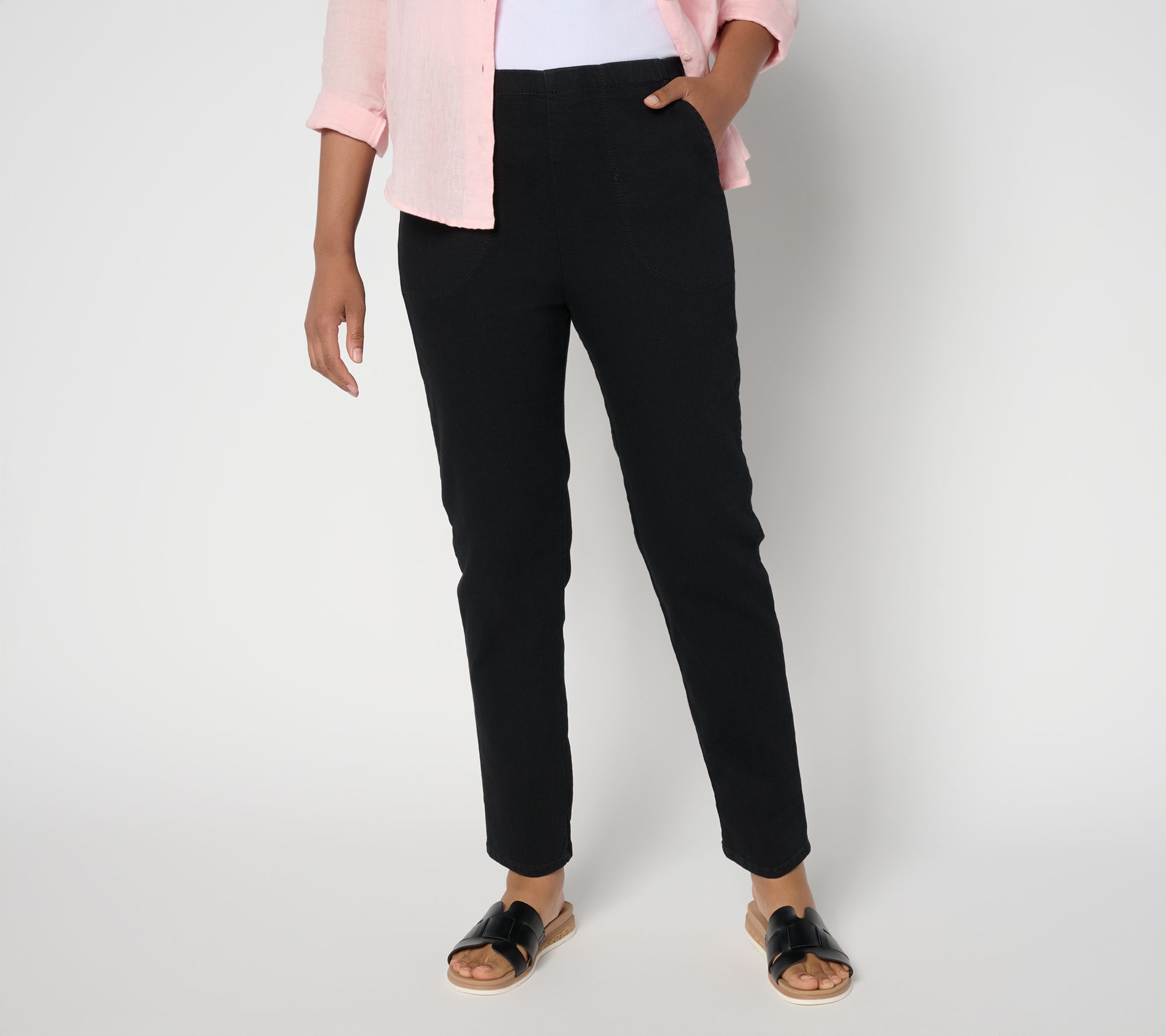 Denim & Co. Petite Black Flat Front Denim Side Pocket Pant