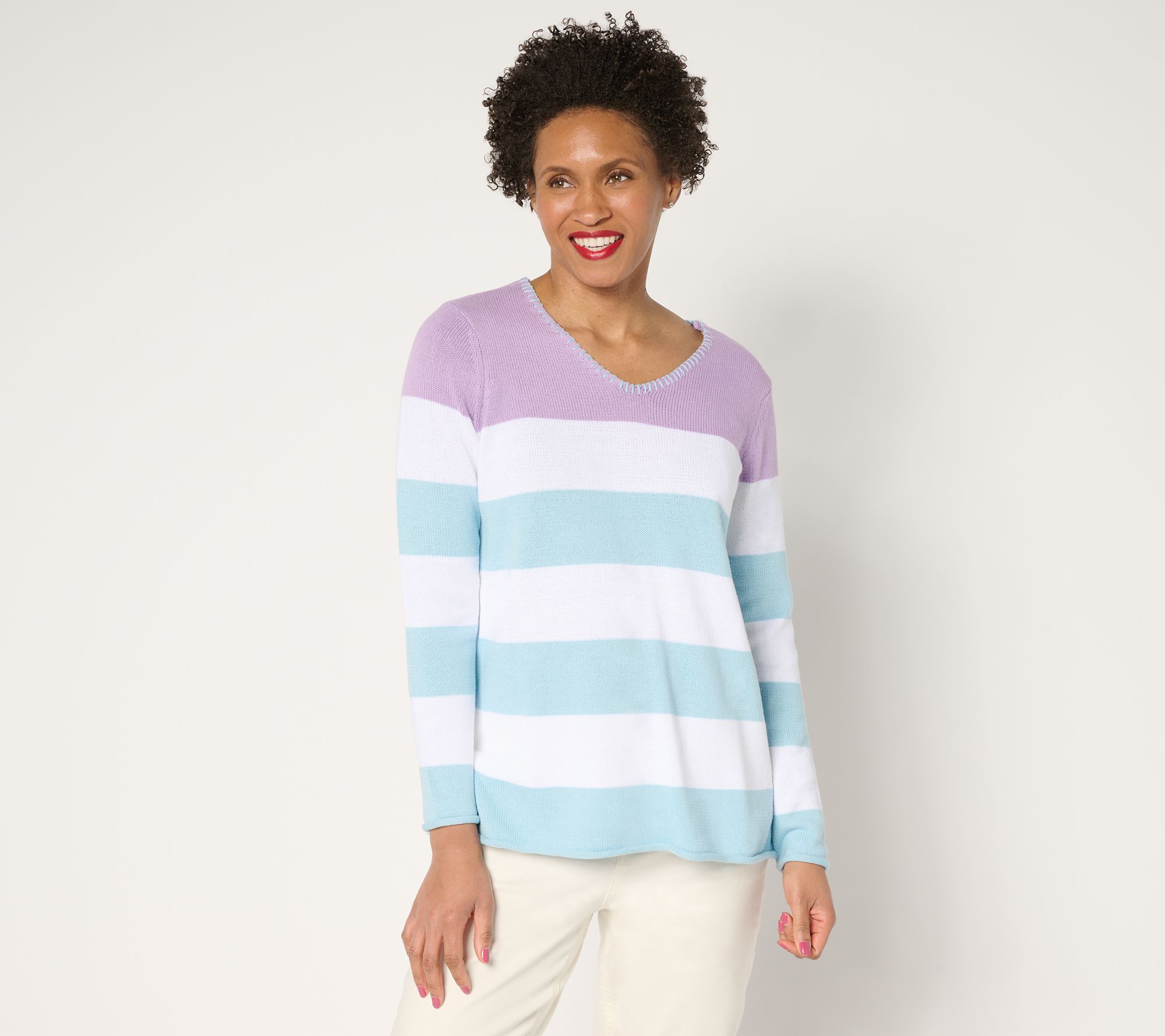 Denim & Co. 100% Cotton Striped Long Sleeve V-Neck Sweater