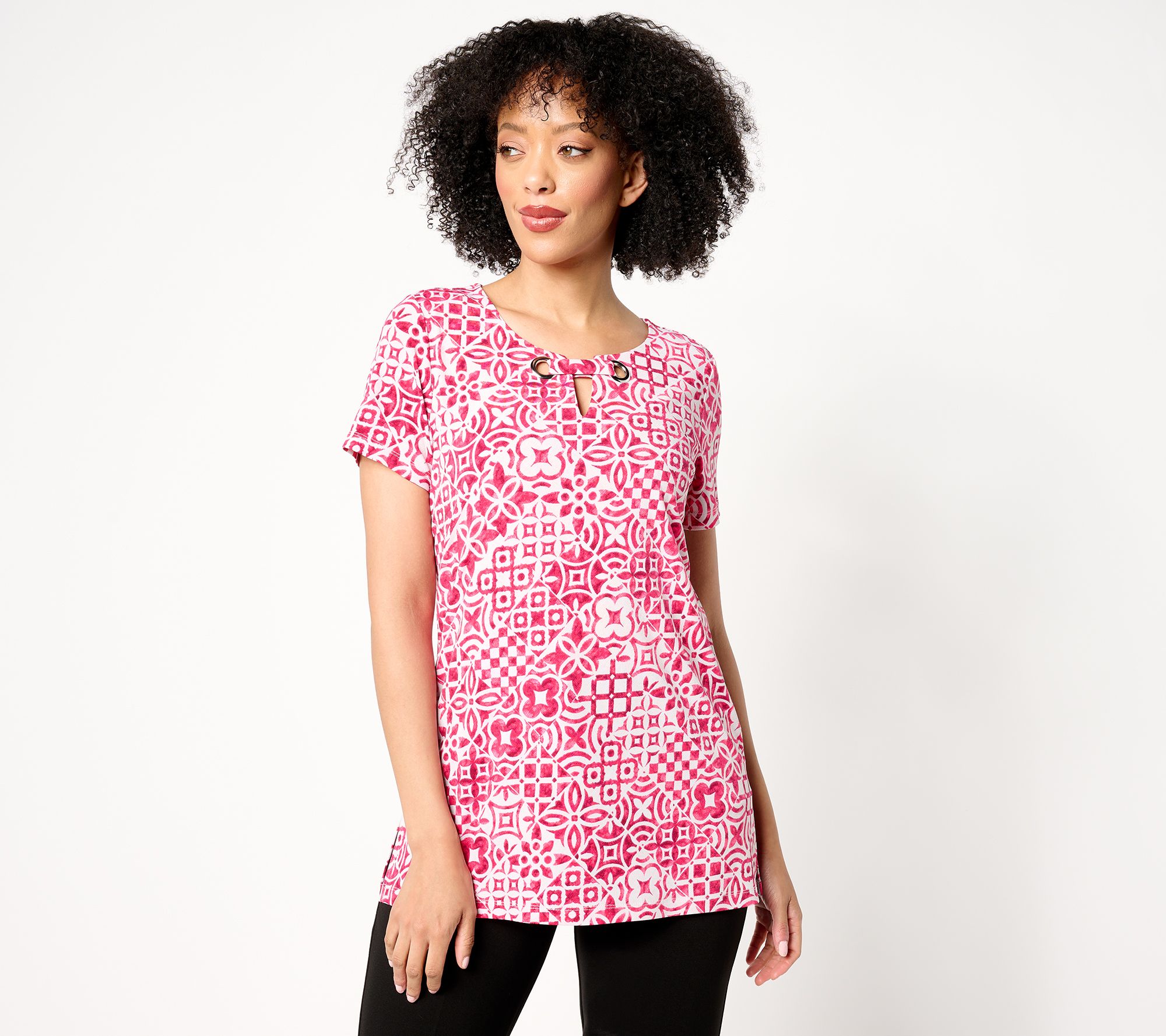 Susan Graver Petite Printed Liquid Knit Tunic with Grommet Detail