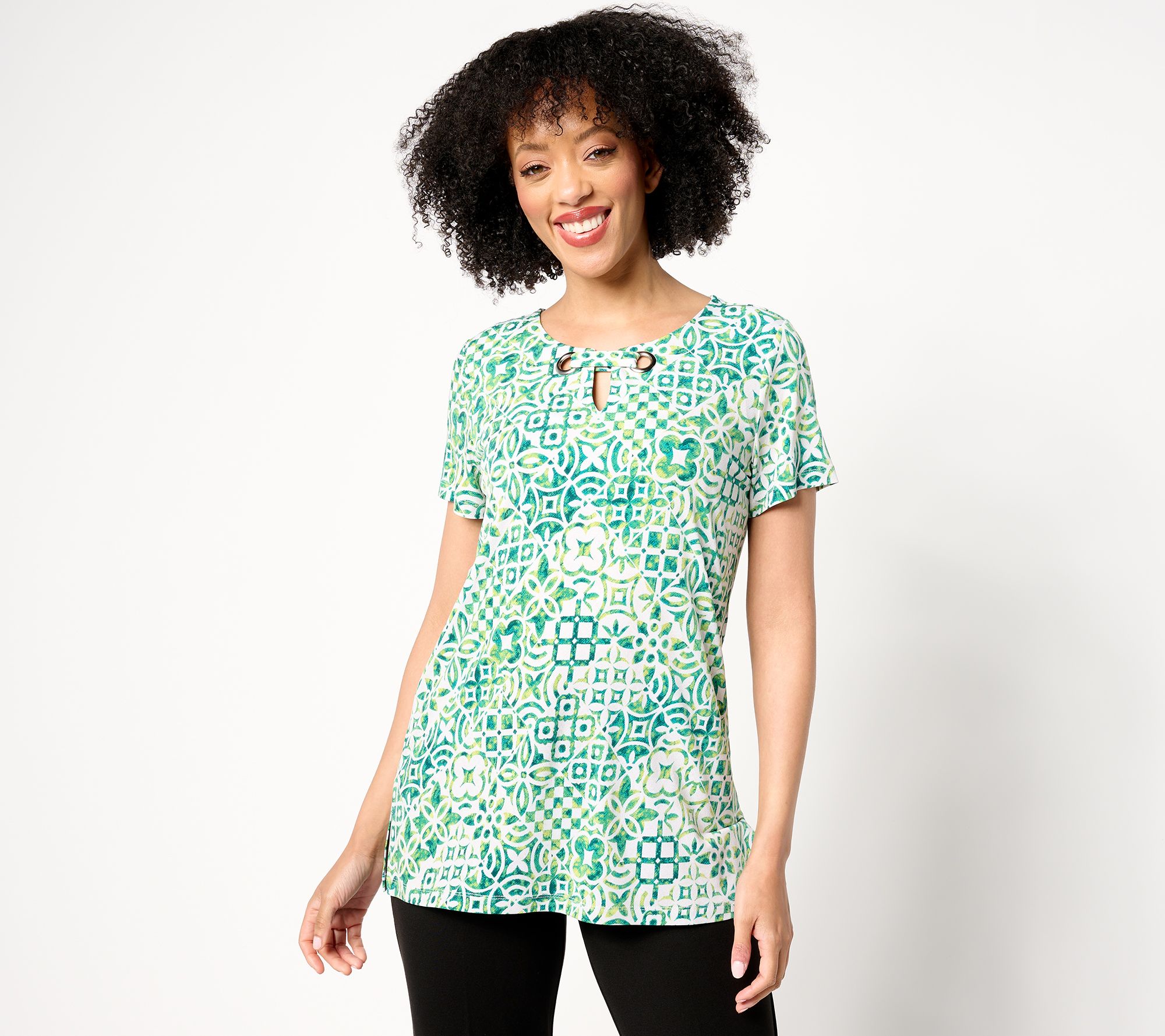 Susan Graver Petite Printed Liquid Knit Tunic with Grommet Detail
