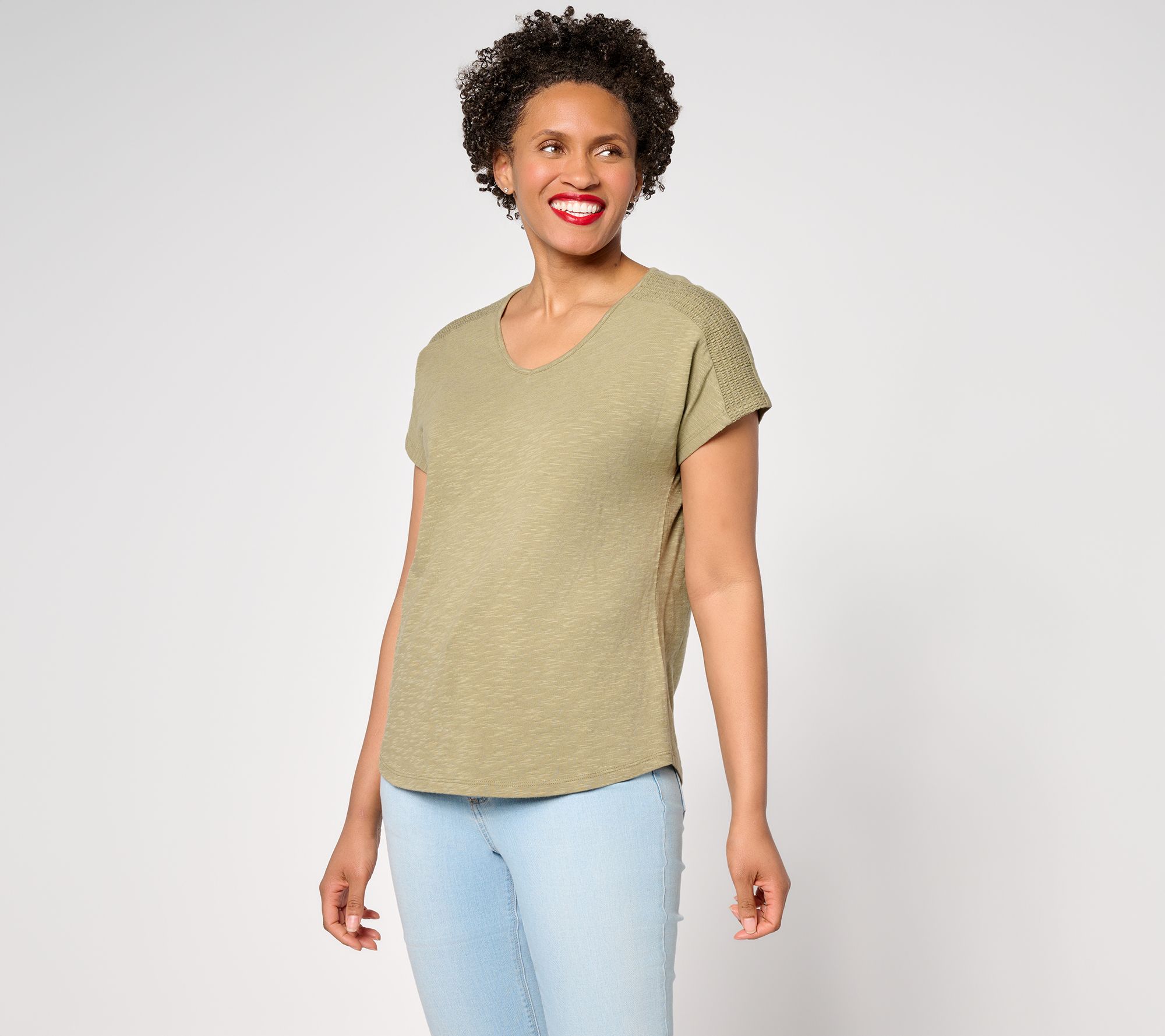 Denim & Co. Essentials Linen Blend Dolman Sleeve Top w/ Smocking