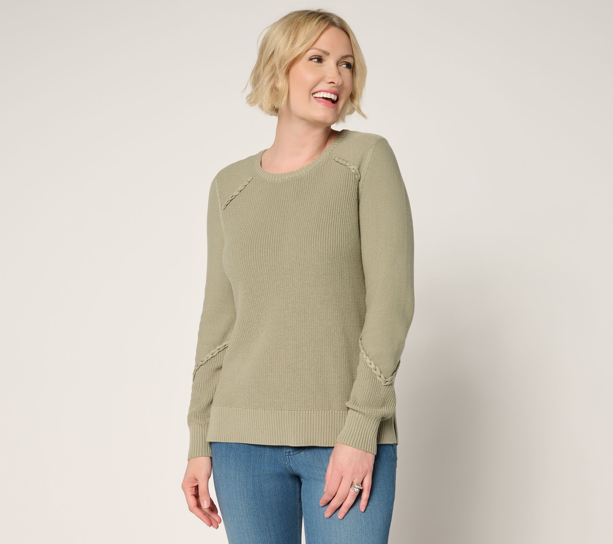 Belle by Kim Gravel Shaker & Seed Stich Braided Trim Sweater