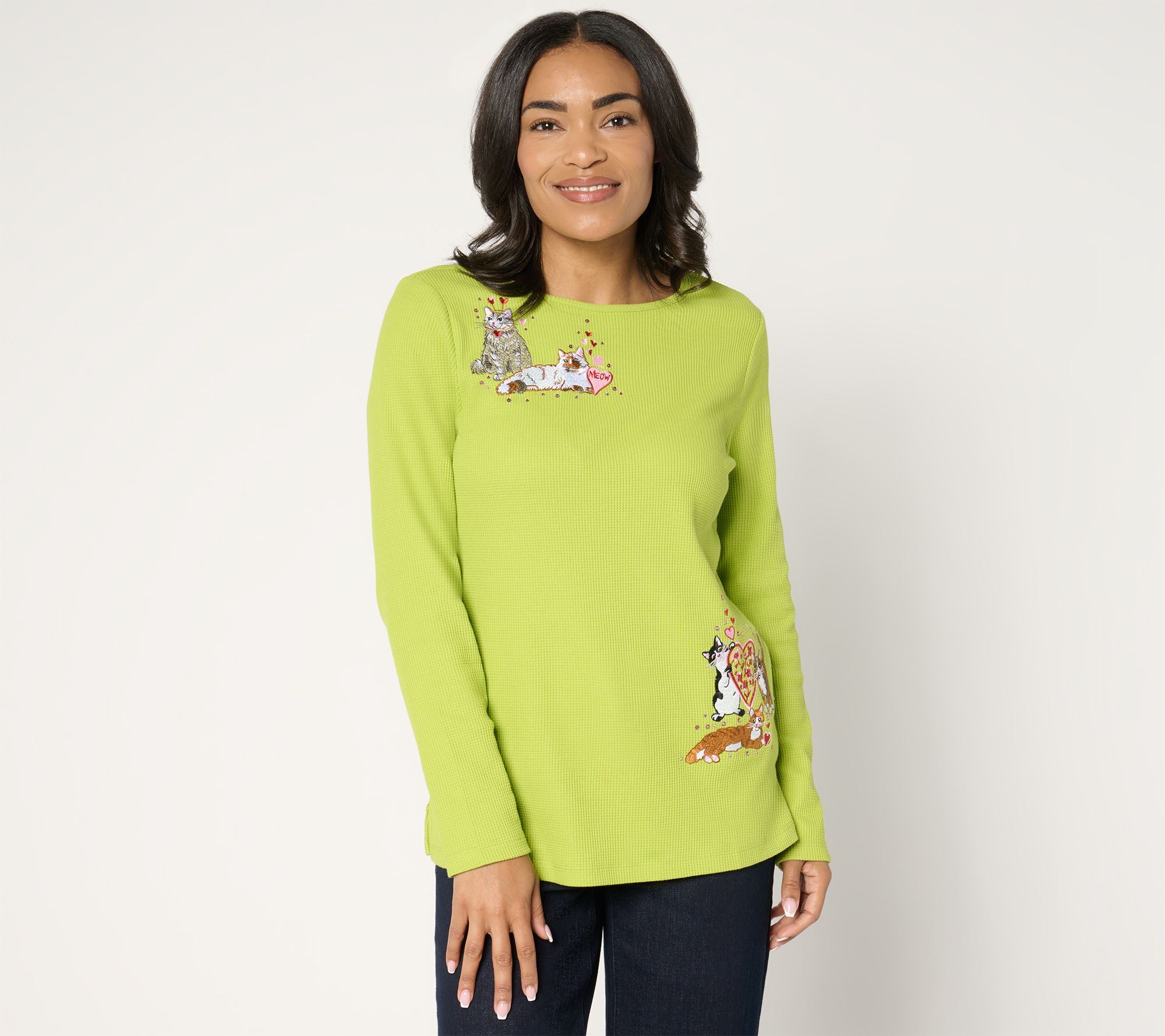"As Is" Quacker Factory Valentine Pet Waffle Long Sleeve Top