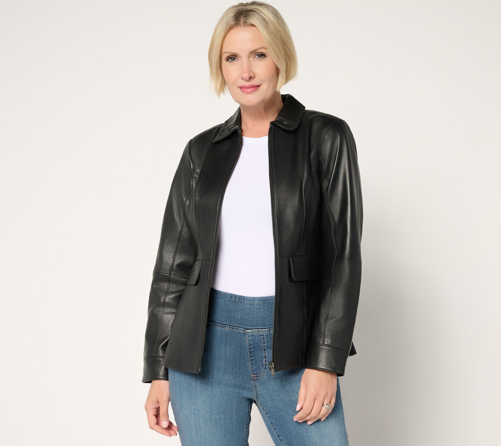 Denim & Co. Regular Lamb Leather Zip Front Jacket