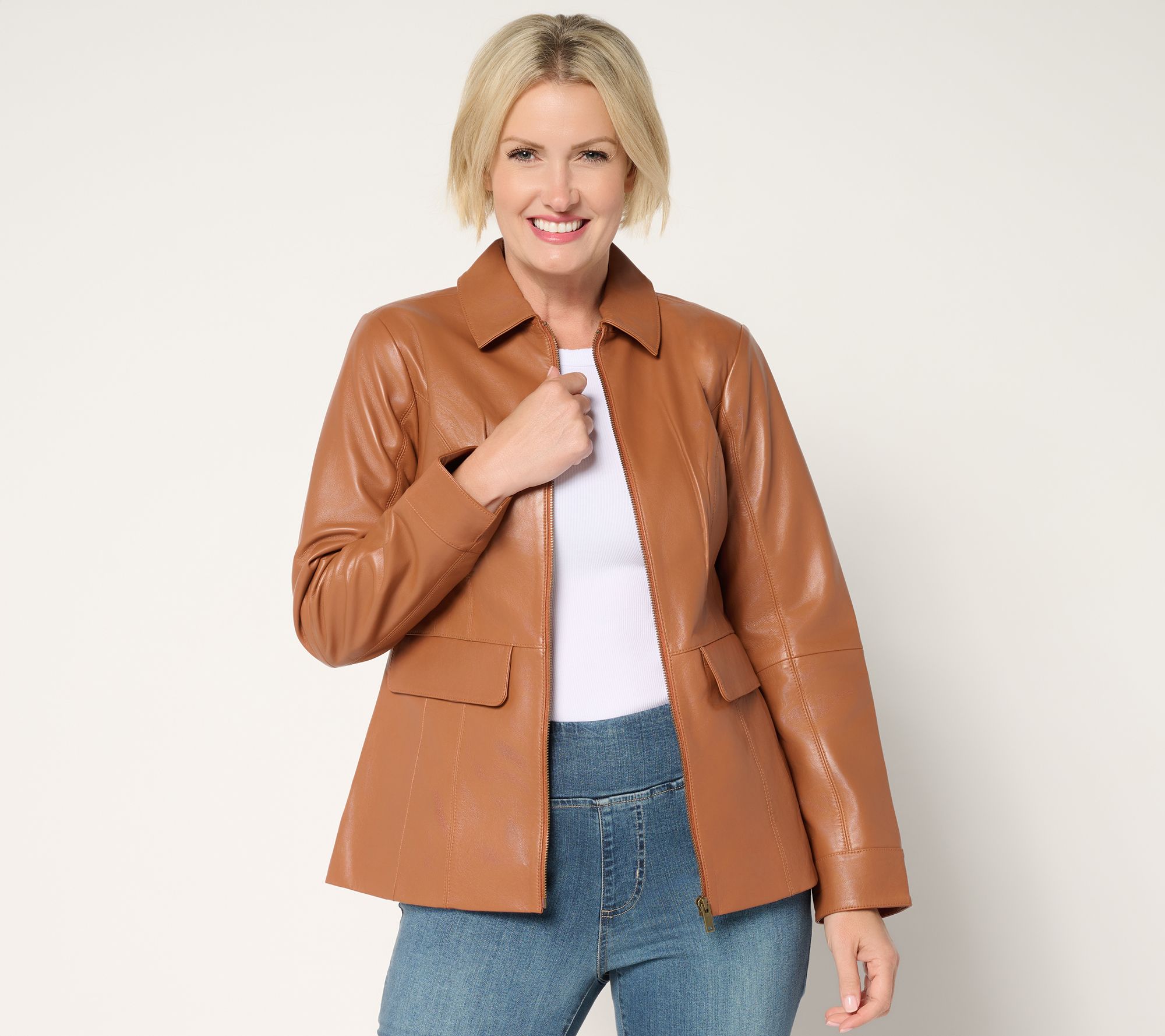 Denim & Co. Regular Lamb Leather Zip Front Jacket